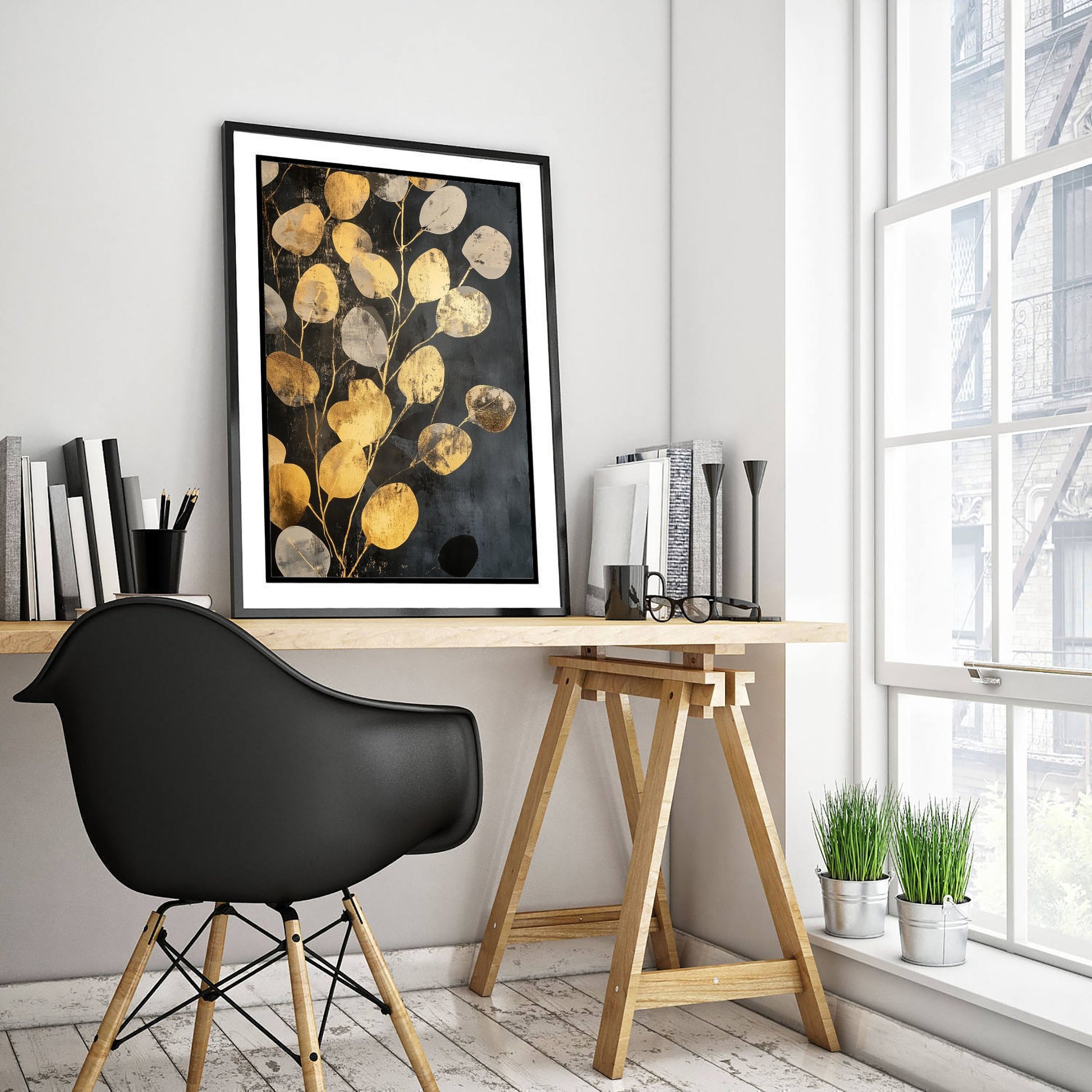 Gold Foil Eucalyptus Art Print - Golden Leaf Botanical Poster - Abundant Painting - Modern Foliage V4 2/3