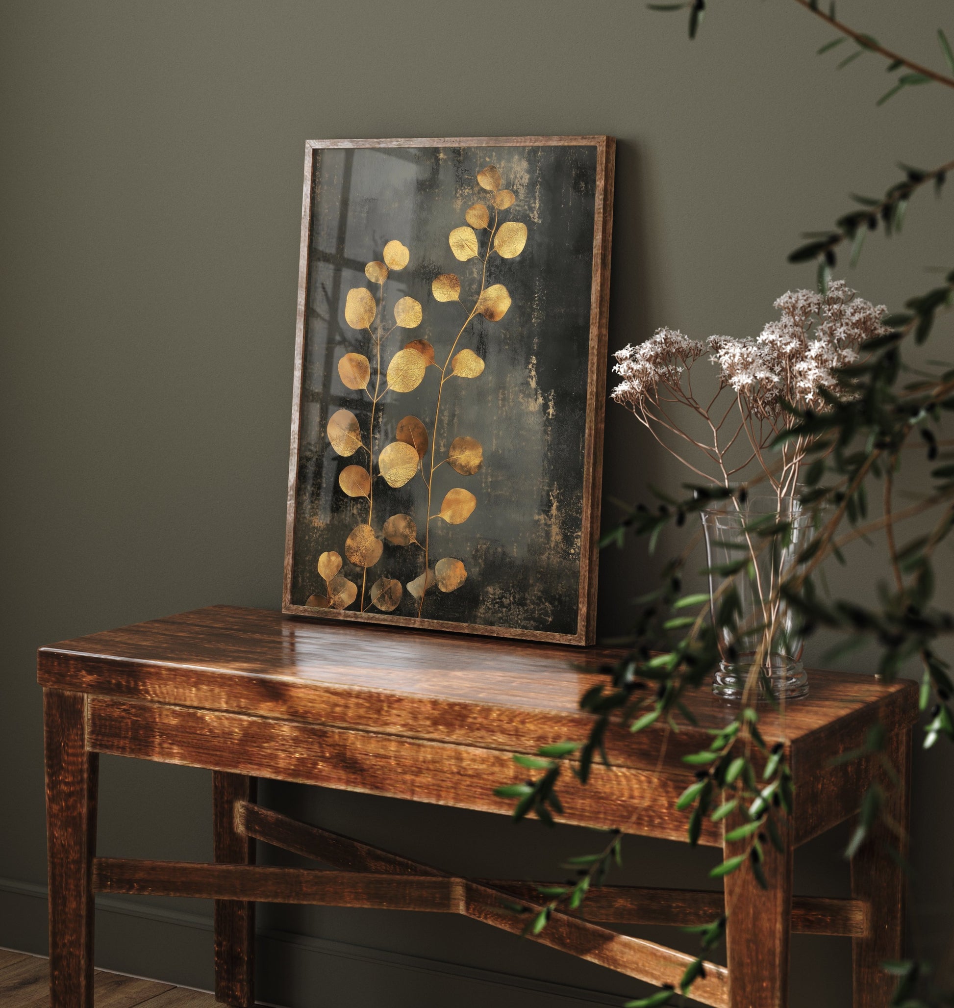 Gold Foil Eucalyptus Poster - Golden Stem Botanical Art Print - Elegant Painting - Modern Foliage V4 3/3
