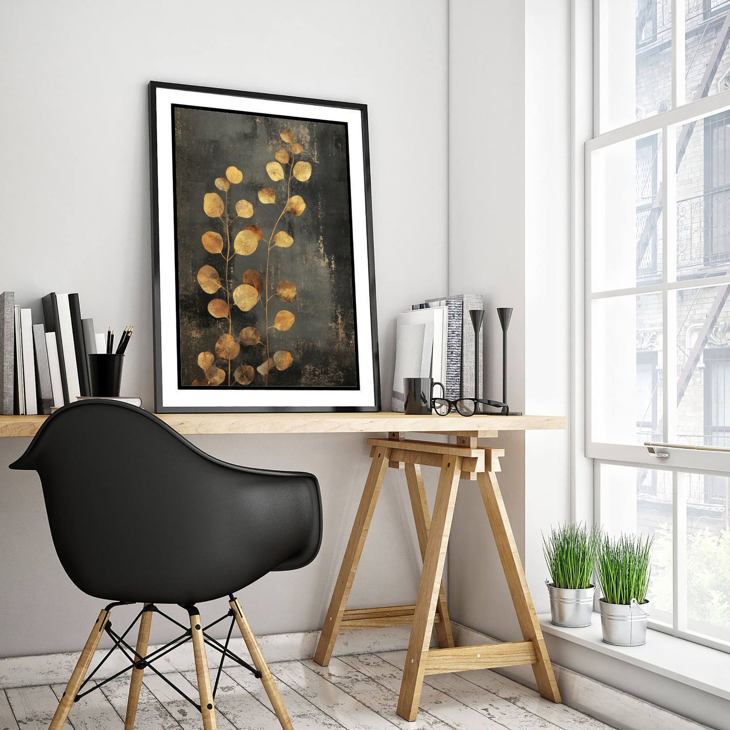 Gold Foil Eucalyptus Poster - Golden Stem Botanical Art Print - Elegant Painting - Modern Foliage V4 3/3