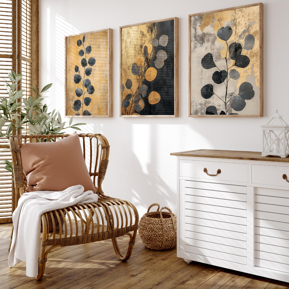 Eucalyptus Set of Three Art Prints V5 - 3 Gold Foil Botanical Posters - Black Gold Luxe Leaf Wall Art Gift Painting