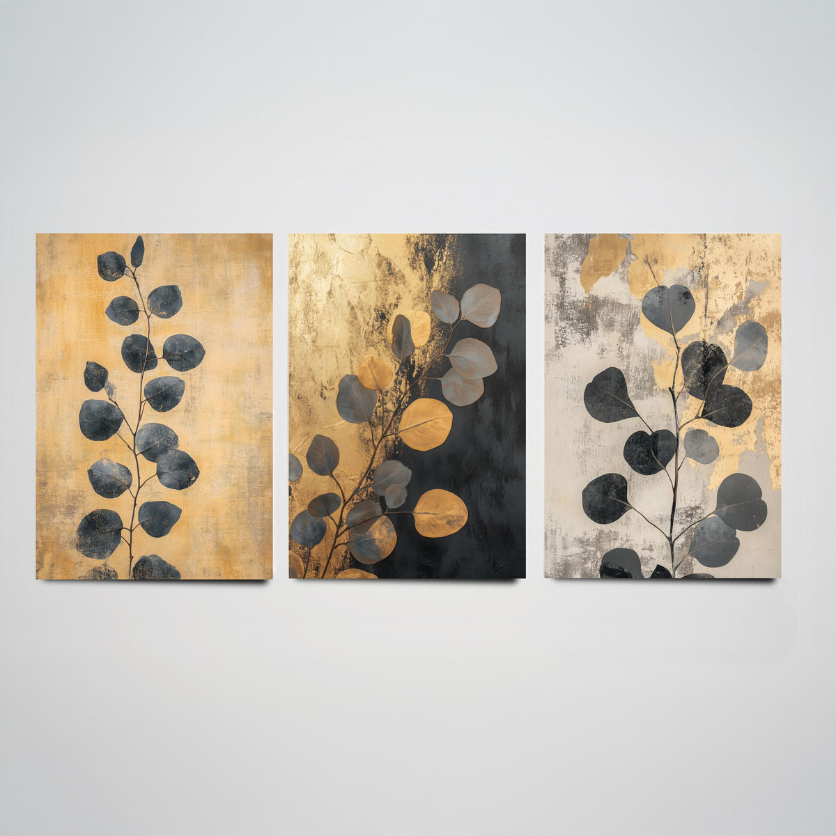 Eucalyptus Set of Three Art Prints V5 - 3 Gold Foil Botanical Posters - Black Gold Luxe Leaf Wall Art Gift Painting