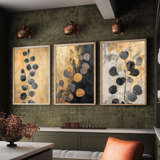 Eucalyptus Set of Three Art Prints V5 - 3 Gold Foil Botanical Posters - Black Gold Luxe Leaf Wall Art Gift Painting