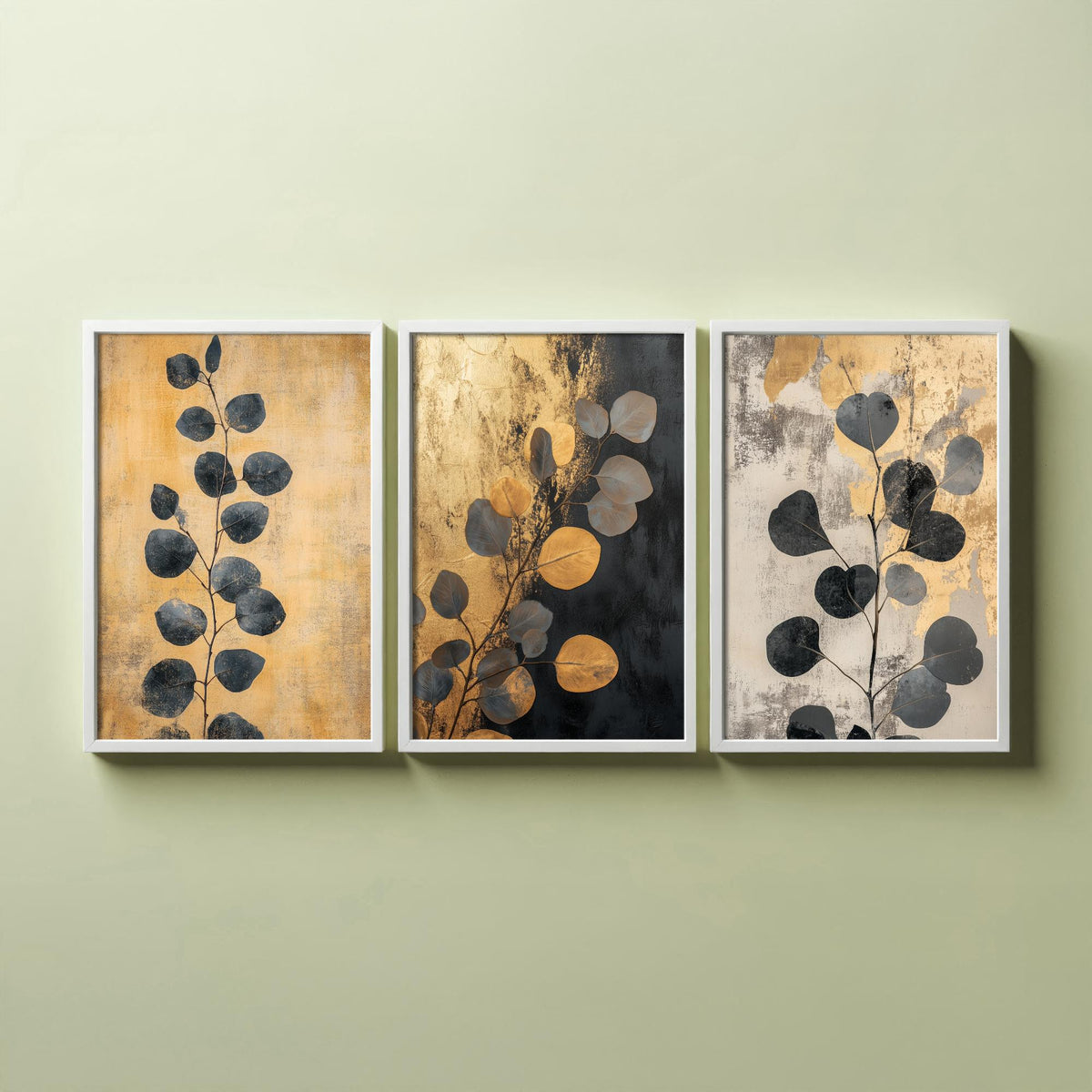 Eucalyptus Set of Three Art Prints V5 - 3 Gold Foil Botanical Posters - Black Gold Luxe Leaf Wall Art Gift Painting