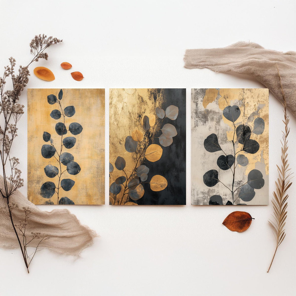 Eucalyptus Set of Three Art Prints V5 - 3 Gold Foil Botanical Posters - Black Gold Luxe Leaf Wall Art Gift Painting