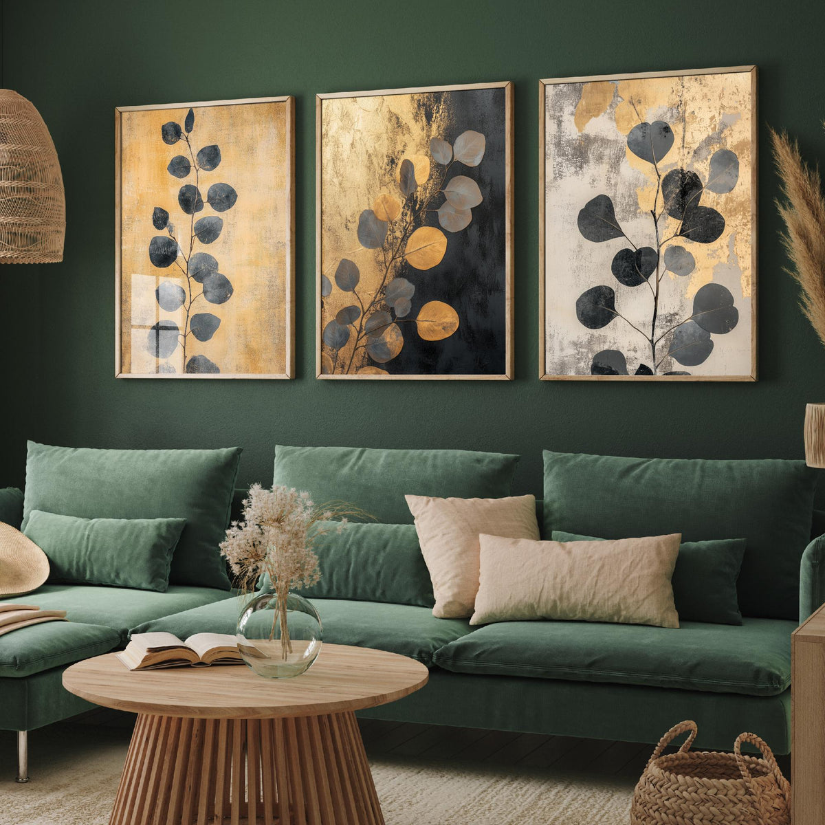 Eucalyptus Set of Three Art Prints V5 - 3 Gold Foil Botanical Posters - Black Gold Luxe Leaf Wall Art Gift Painting