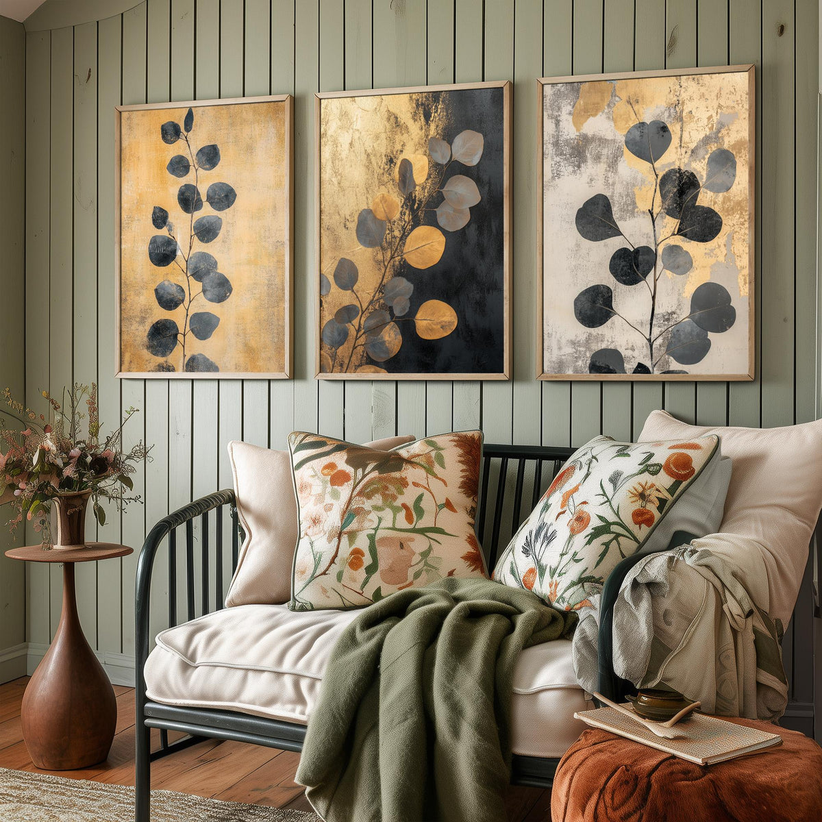 Eucalyptus Set of Three Art Prints V5 - 3 Gold Foil Botanical Posters - Black Gold Luxe Leaf Wall Art Gift Painting