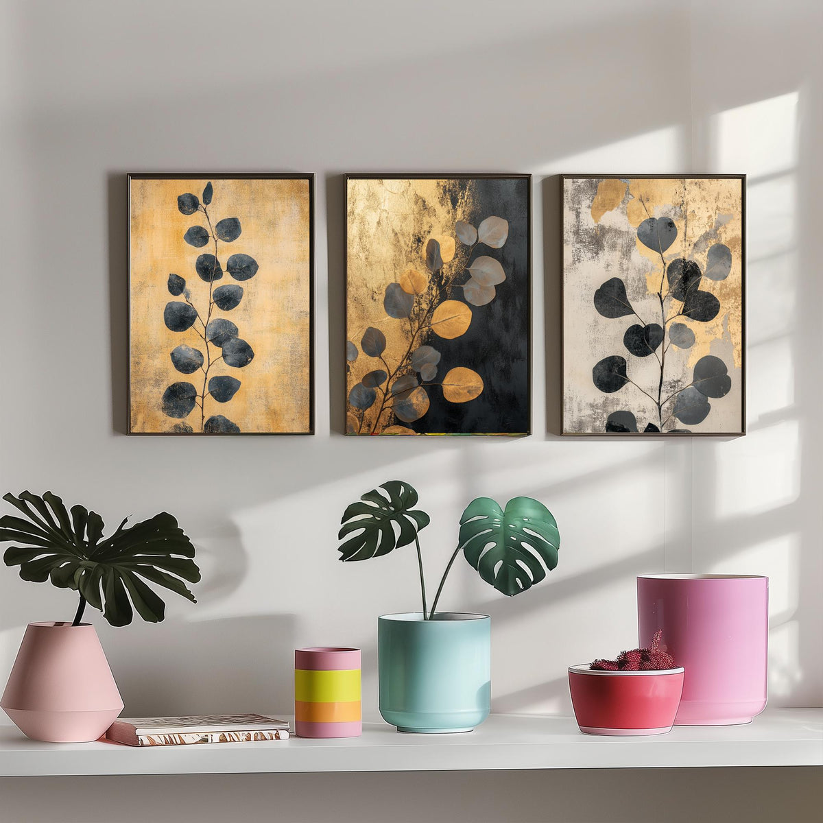 Eucalyptus Set of Three Art Prints V5 - 3 Gold Foil Botanical Posters - Black Gold Luxe Leaf Wall Art Gift Painting