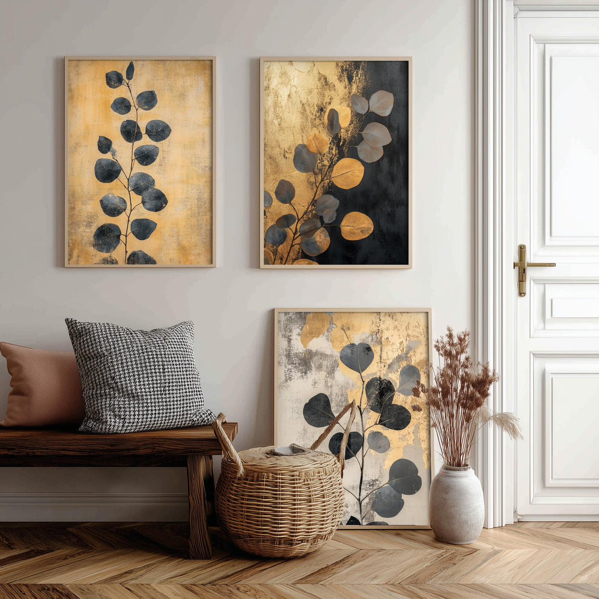 Eucalyptus Set of Three Art Prints V5 - 3 Gold Foil Botanical Posters - Black Gold Luxe Leaf Wall Art Gift Painting