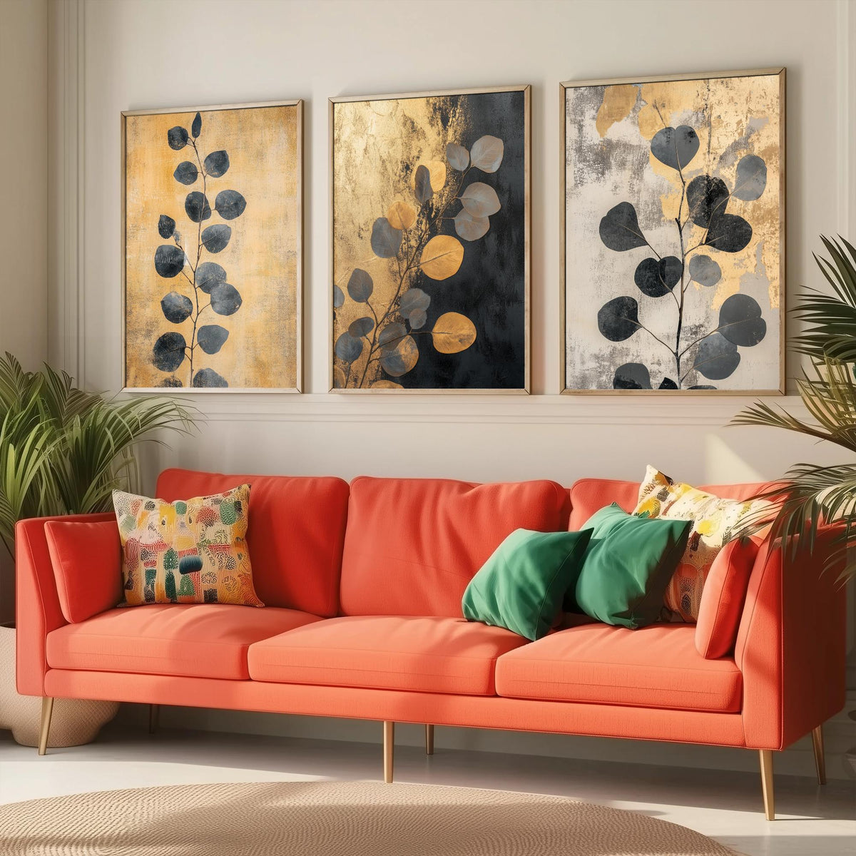Eucalyptus Set of Three Art Prints V5 - 3 Gold Foil Botanical Posters - Black Gold Luxe Leaf Wall Art Gift Painting
