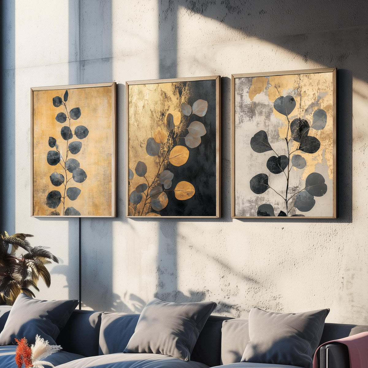 Eucalyptus Set of Three Art Prints V5 - 3 Gold Foil Botanical Posters - Black Gold Luxe Leaf Wall Art Gift Painting