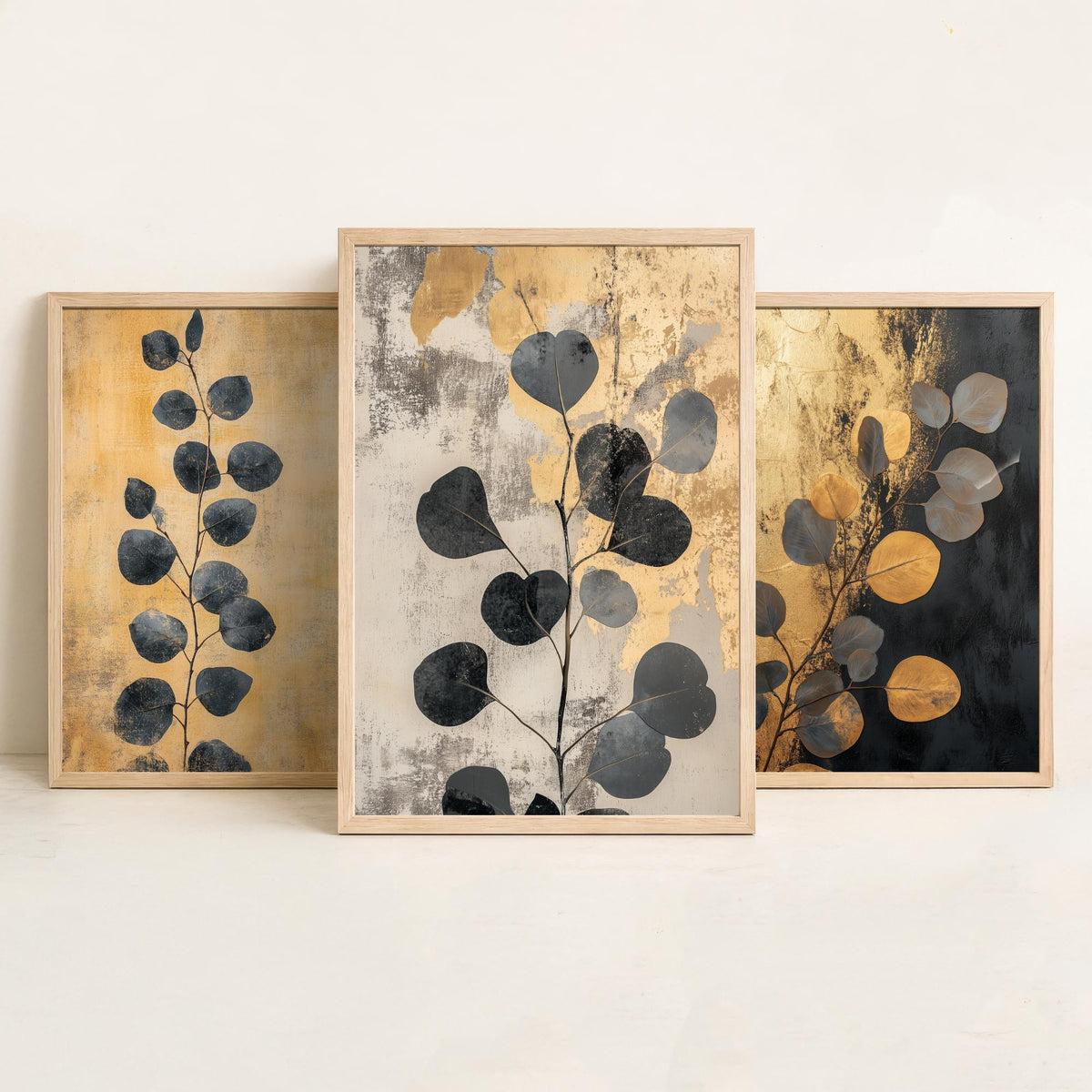 Eucalyptus Set of Three Art Prints V5 - 3 Gold Foil Botanical Posters - Black Gold Luxe Leaf Wall Art Gift Painting