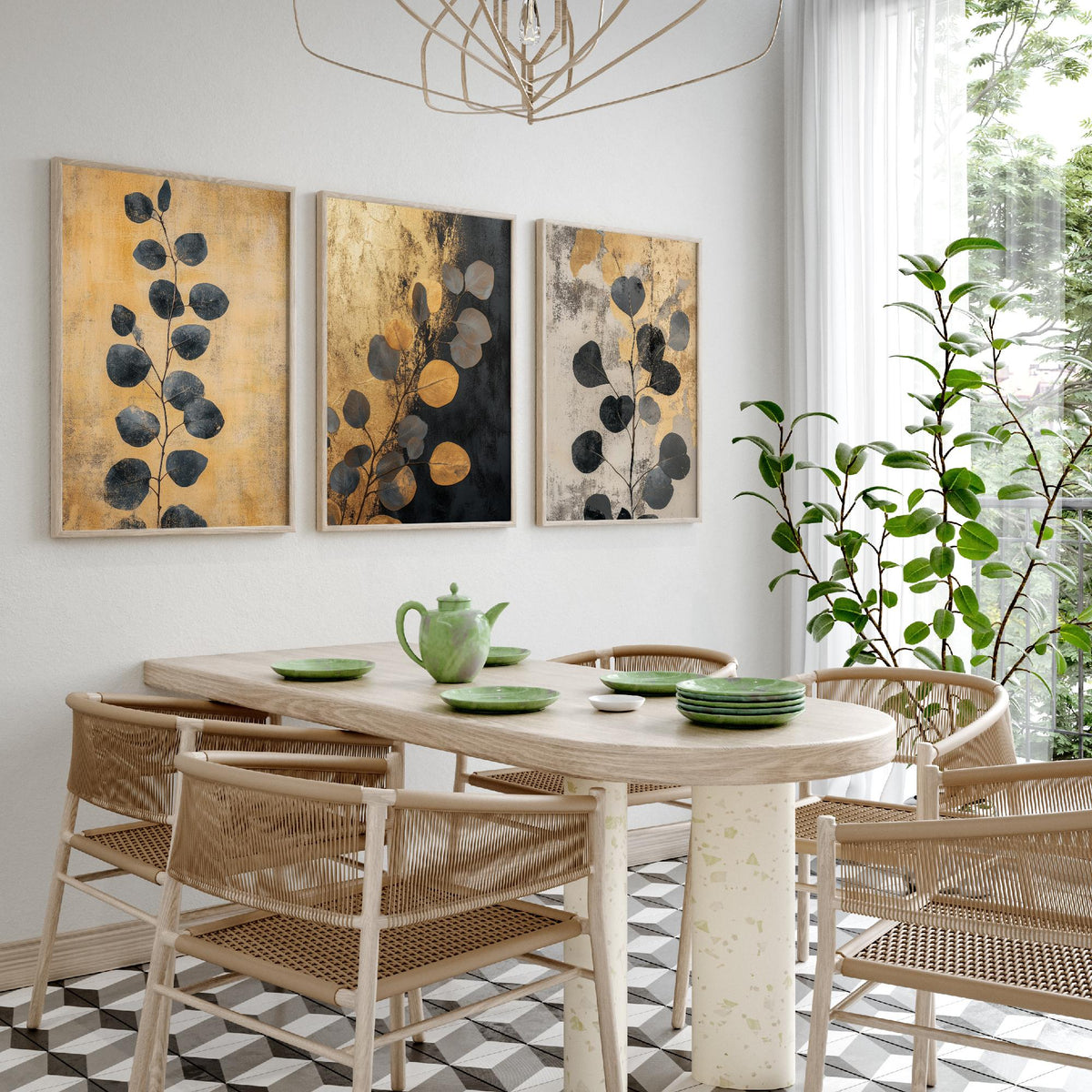 Eucalyptus Set of Three Art Prints V5 - 3 Gold Foil Botanical Posters - Black Gold Luxe Leaf Wall Art Gift Painting
