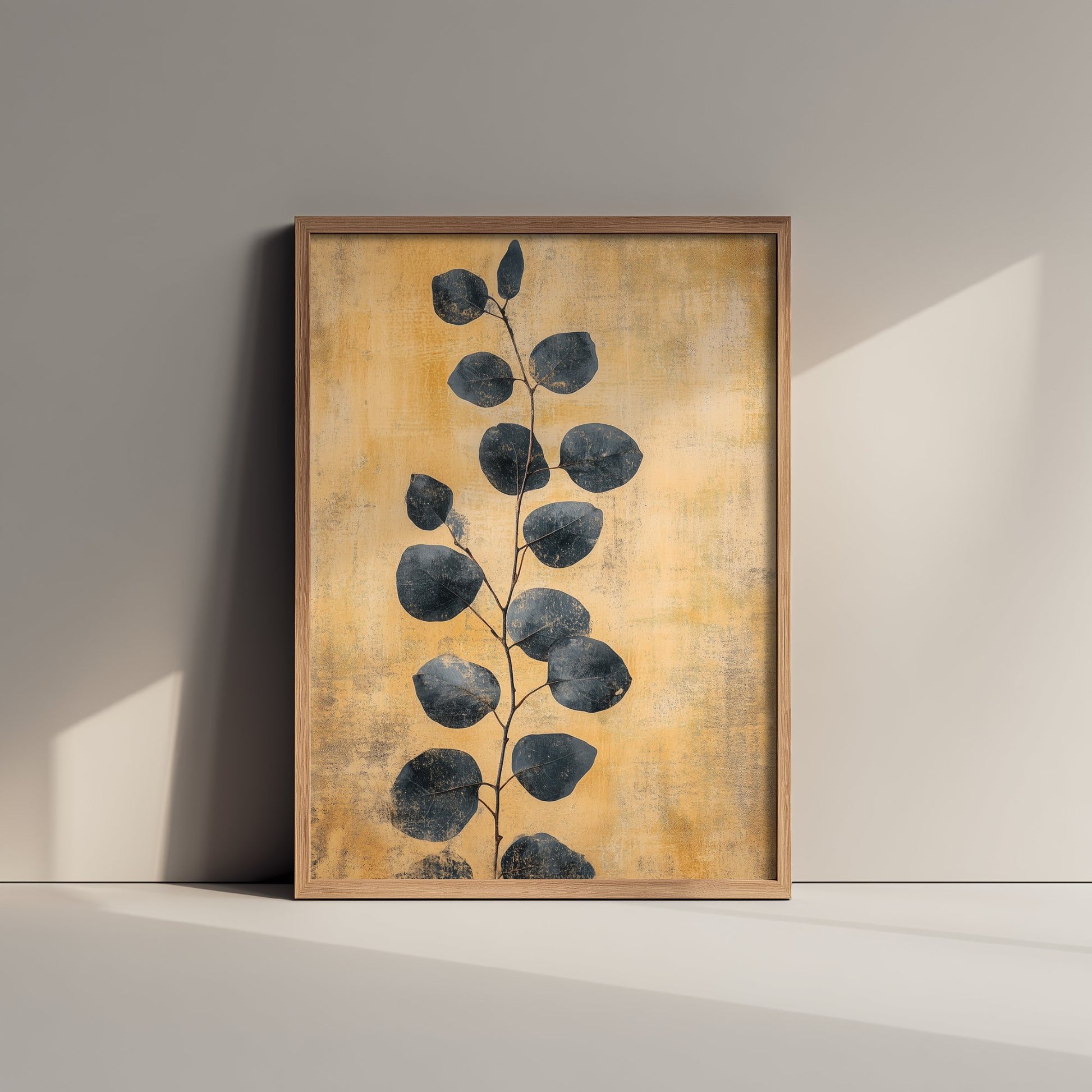 Gold Foil Eucalyptus Art Print - Navy Leaf Botanical Poster - Ochre Painting - Modern Foliage V5 1/3