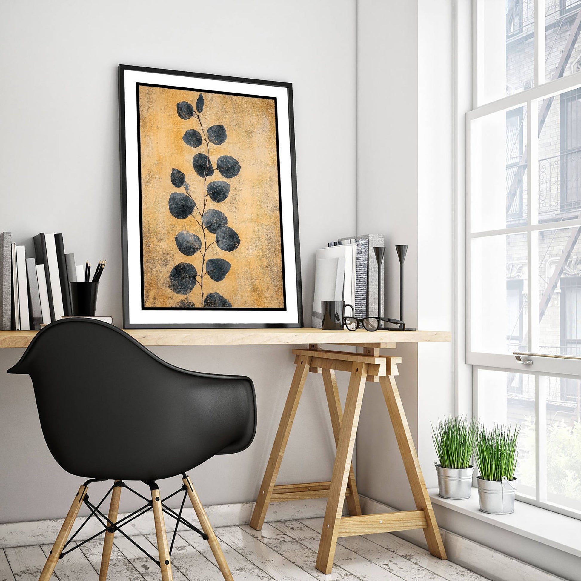 Gold Foil Eucalyptus Art Print - Navy Leaf Botanical Poster - Ochre Painting - Modern Foliage V5 1/3