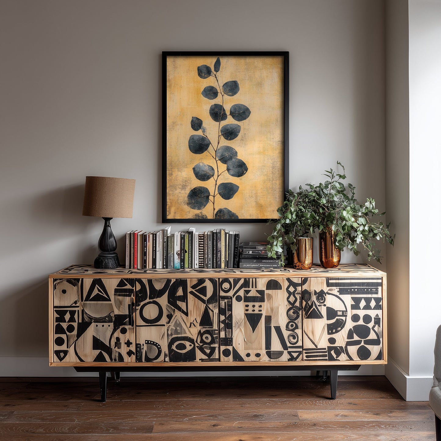 Gold Foil Eucalyptus Art Print - Navy Leaf Botanical Poster - Ochre Painting - Modern Foliage V5 1/3