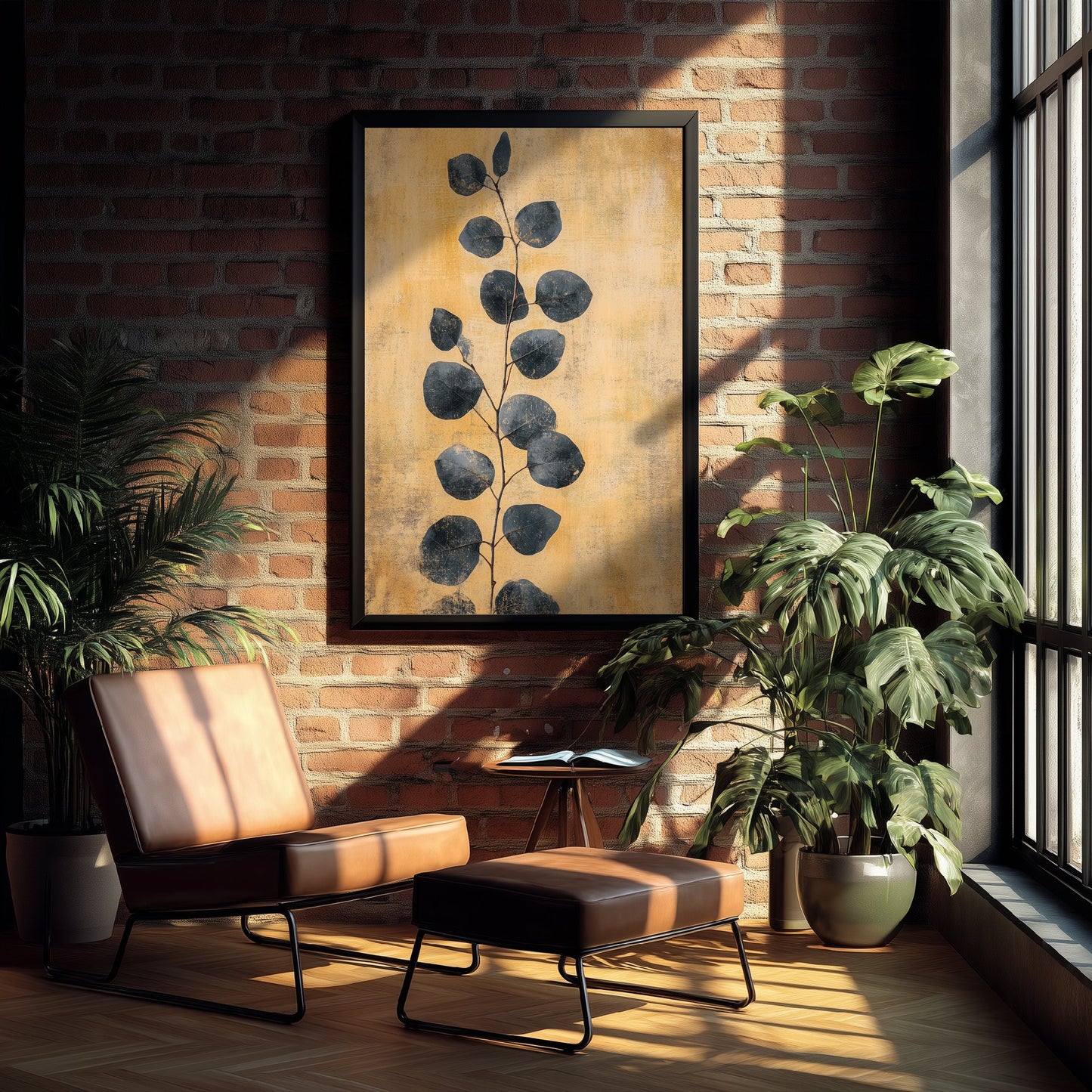 Gold Foil Eucalyptus Art Print - Navy Leaf Botanical Poster - Ochre Painting - Modern Foliage V5 1/3