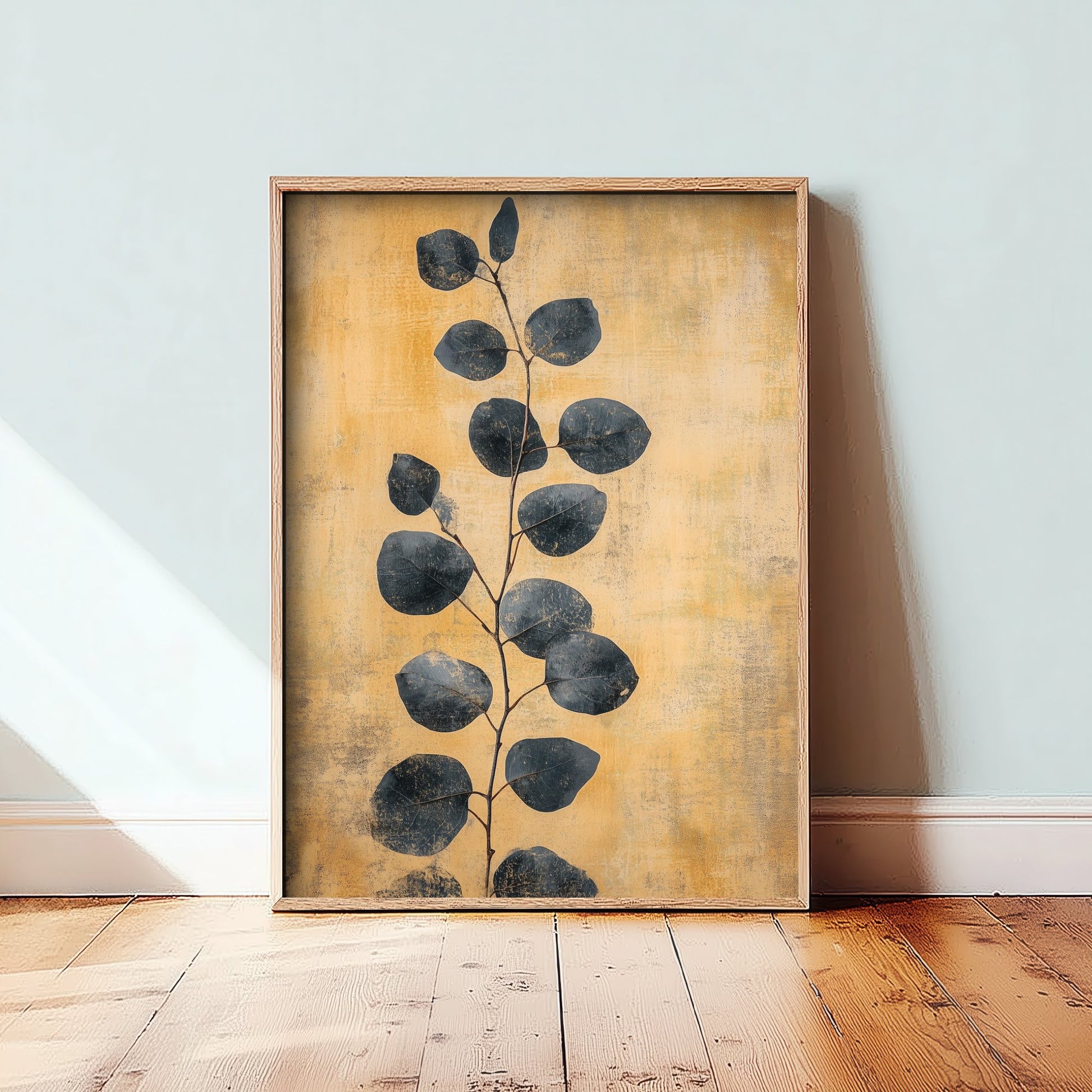 Gold Foil Eucalyptus Art Print - Navy Leaf Botanical Poster - Ochre Painting - Modern Foliage V5 1/3