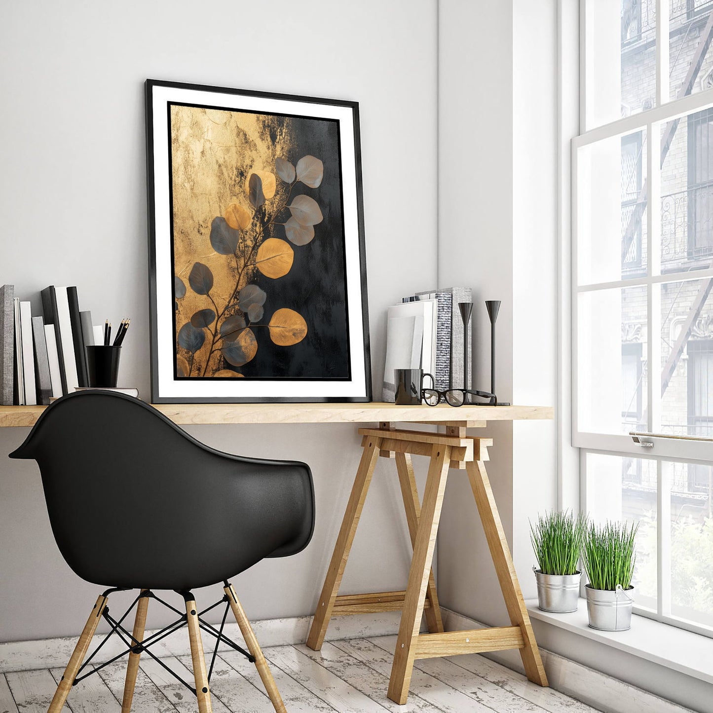 Gold Foil Eucalyptus Poster - Navy Gold Leaf Botanical Art Print - Black Painting - Modern Foliage V5 2/3