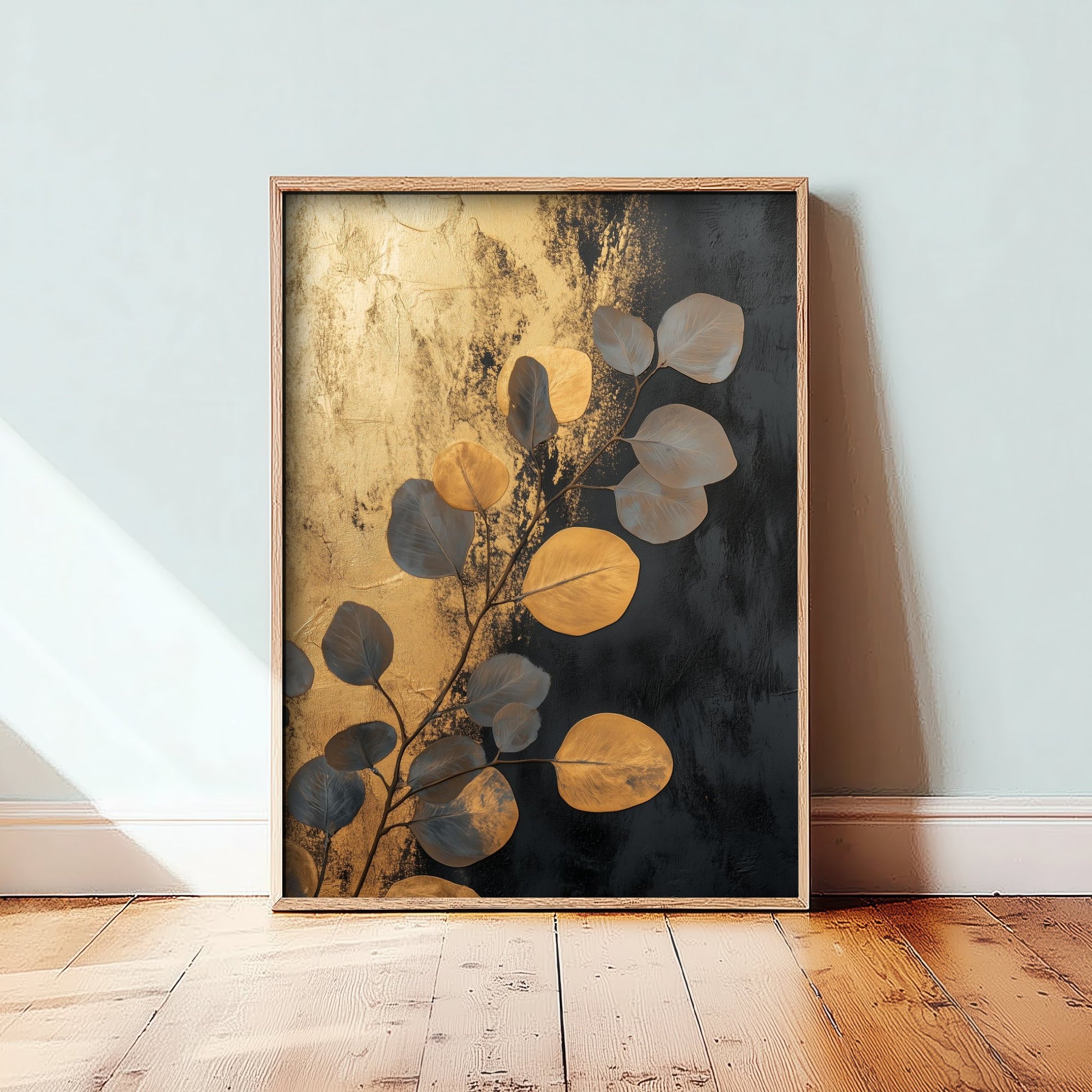 Gold Foil Eucalyptus Poster - Navy Gold Leaf Botanical Art Print - Black Painting - Modern Foliage V5 2/3