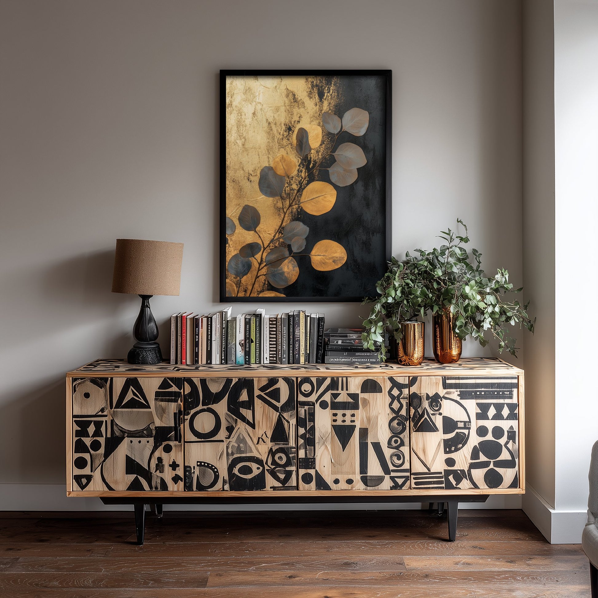 Gold Foil Eucalyptus Poster - Navy Gold Leaf Botanical Art Print - Black Painting - Modern Foliage V5 2/3