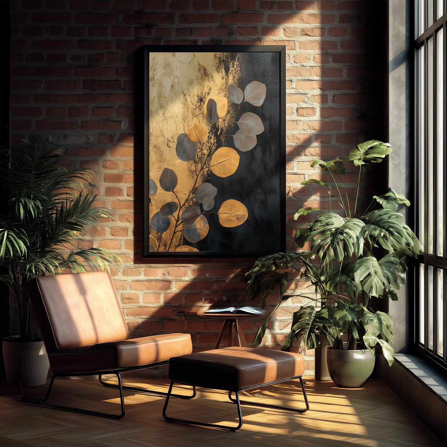 Gold Foil Eucalyptus Poster - Navy Gold Leaf Botanical Art Print - Black Painting - Modern Foliage V5 2/3