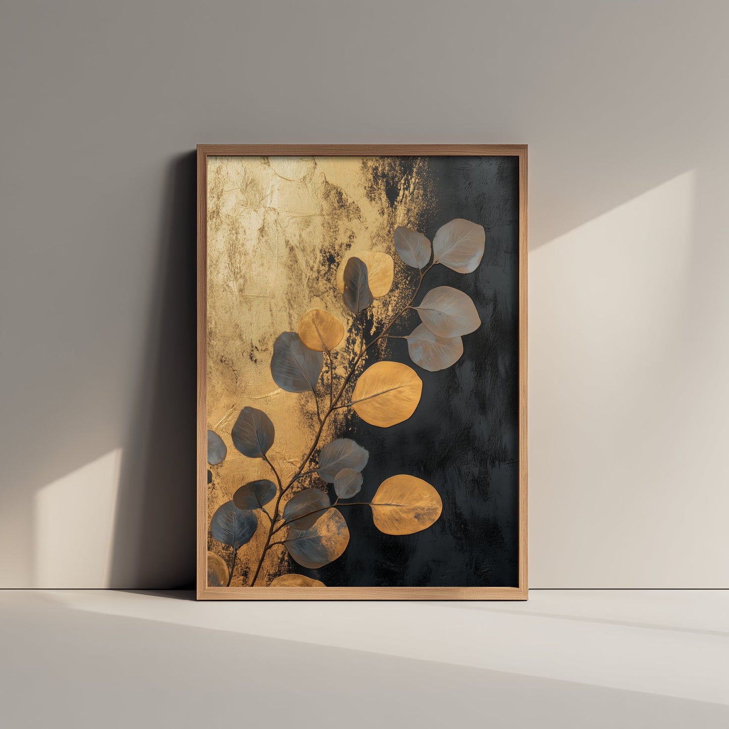 Gold Foil Eucalyptus Poster - Navy Gold Leaf Botanical Art Print - Black Painting - Modern Foliage V5 2/3