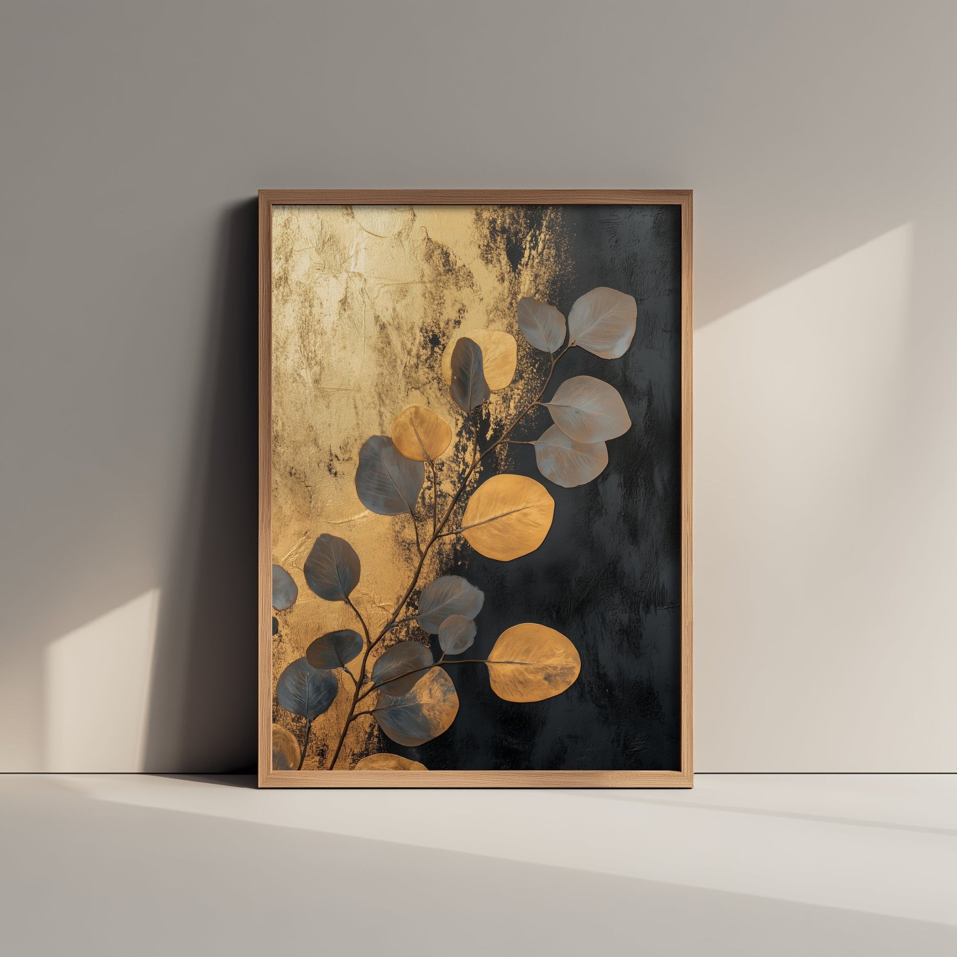 Gold Foil Eucalyptus Poster - Navy Gold Leaf Botanical Art Print - Black Painting - Modern Foliage V5 2/3