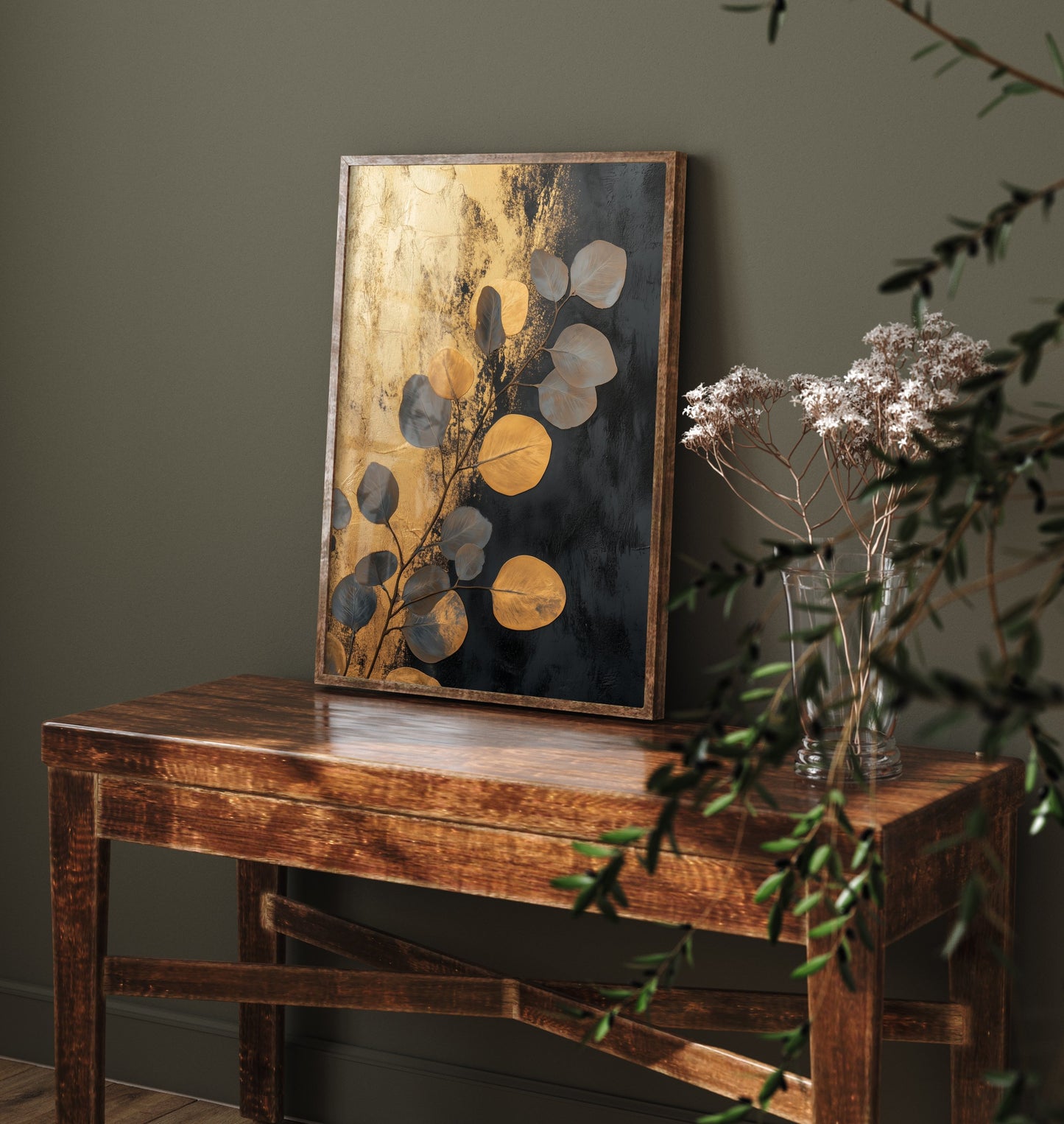 Gold Foil Eucalyptus Poster - Navy Gold Leaf Botanical Art Print - Black Painting - Modern Foliage V5 2/3