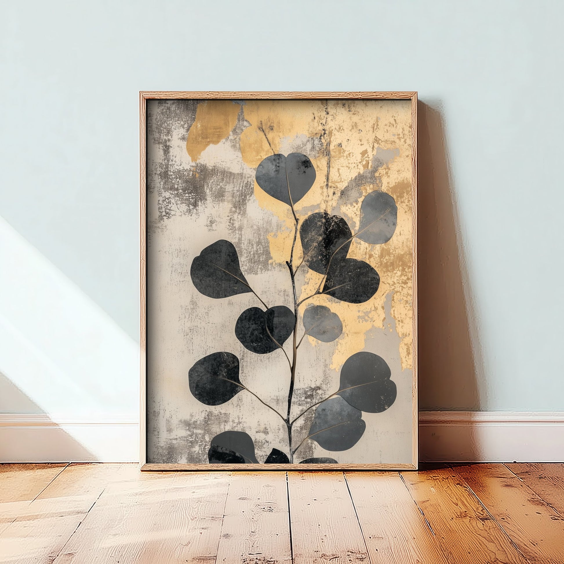 Gold Foil Eucalyptus Art Print - Silver Dollar Leaf Poster - Cream Painting - Modern Foliage V5 3/3