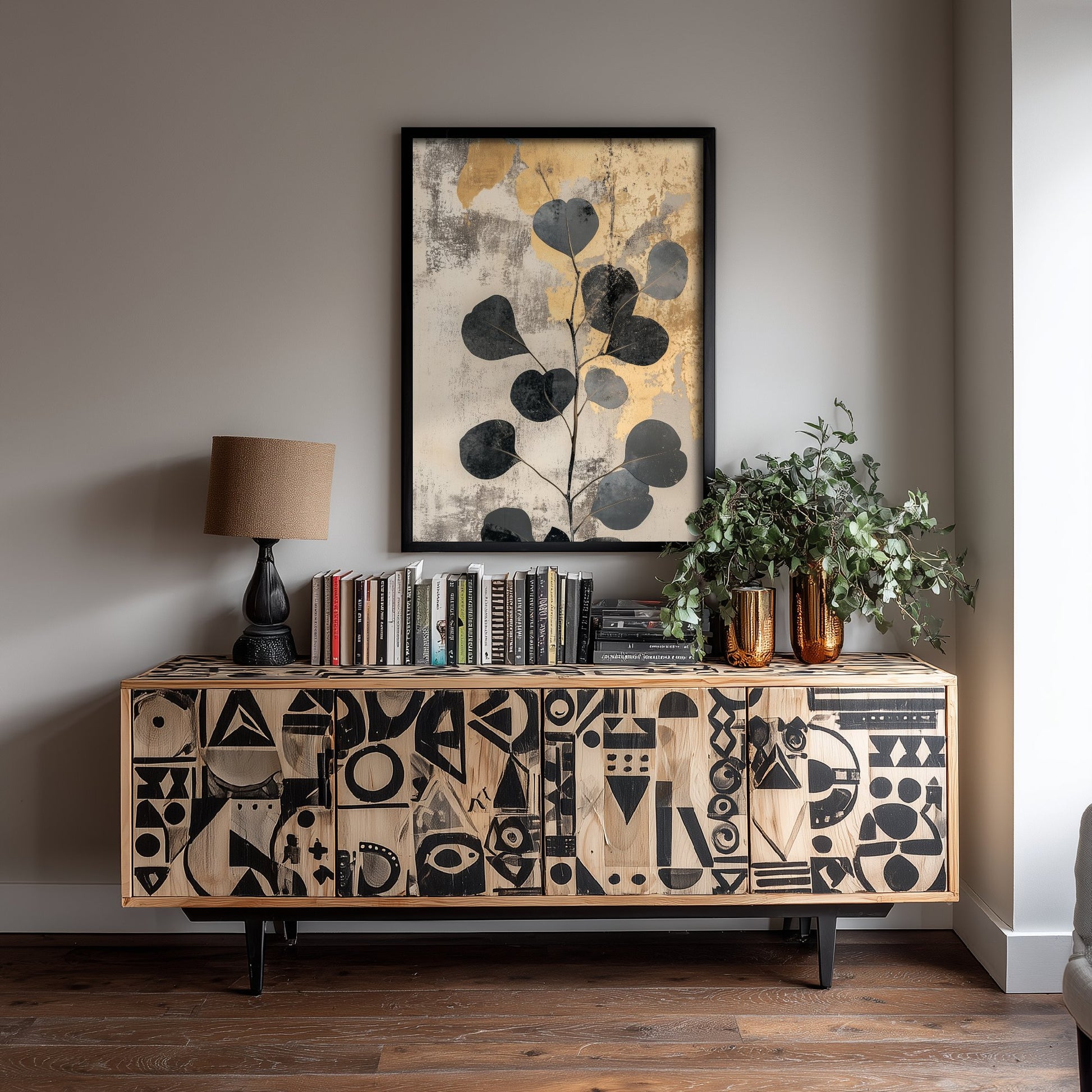 Gold Foil Eucalyptus Art Print - Silver Dollar Leaf Poster - Cream Painting - Modern Foliage V5 3/3