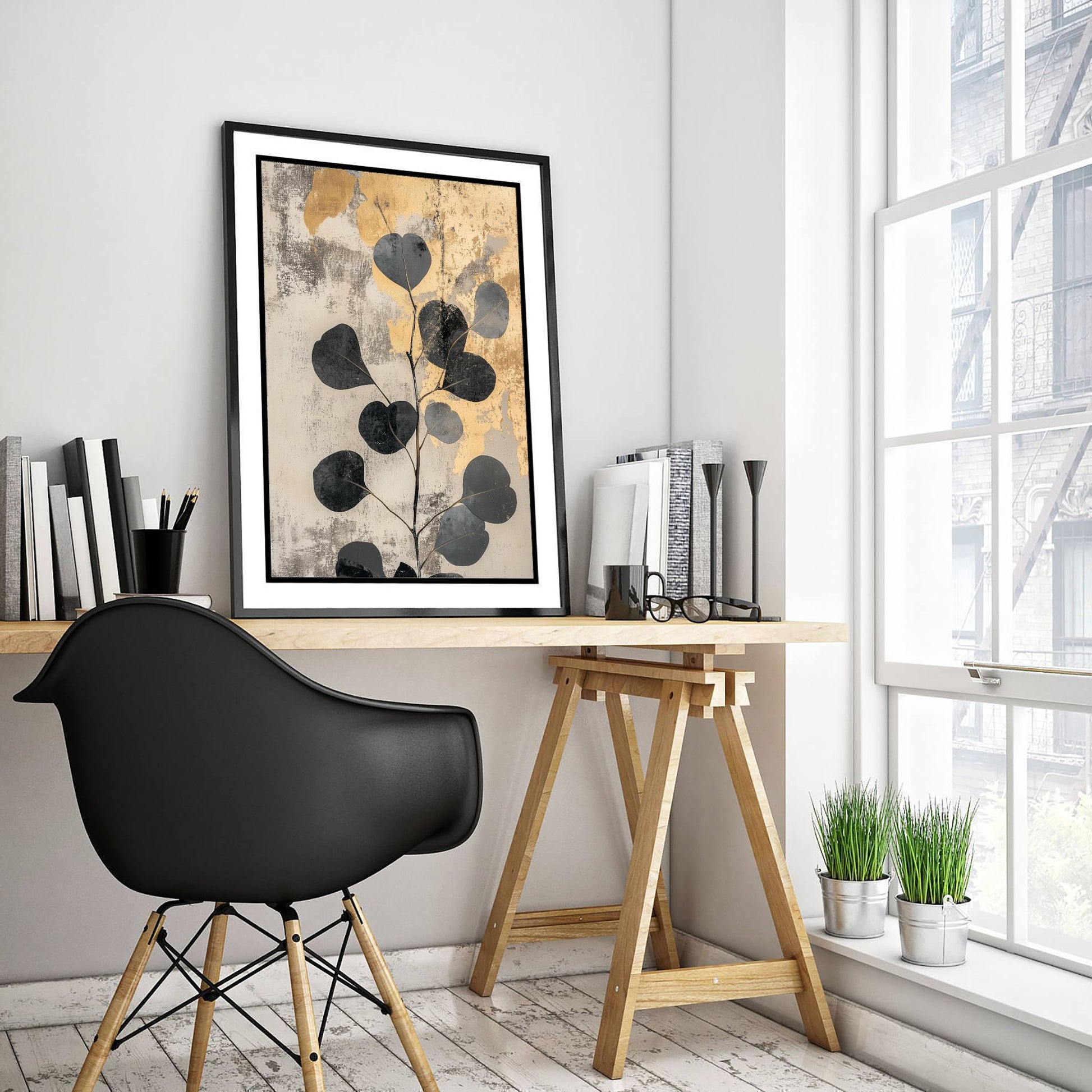 Gold Foil Eucalyptus Art Print - Silver Dollar Leaf Poster - Cream Painting - Modern Foliage V5 3/3