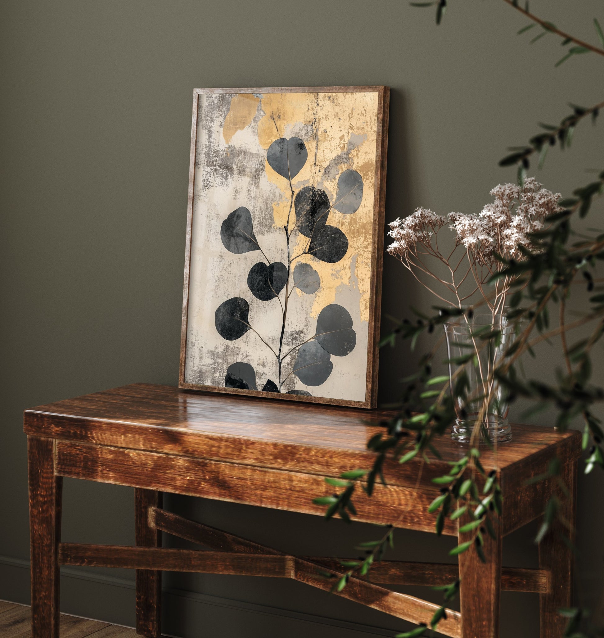 Gold Foil Eucalyptus Art Print - Silver Dollar Leaf Poster - Cream Painting - Modern Foliage V5 3/3