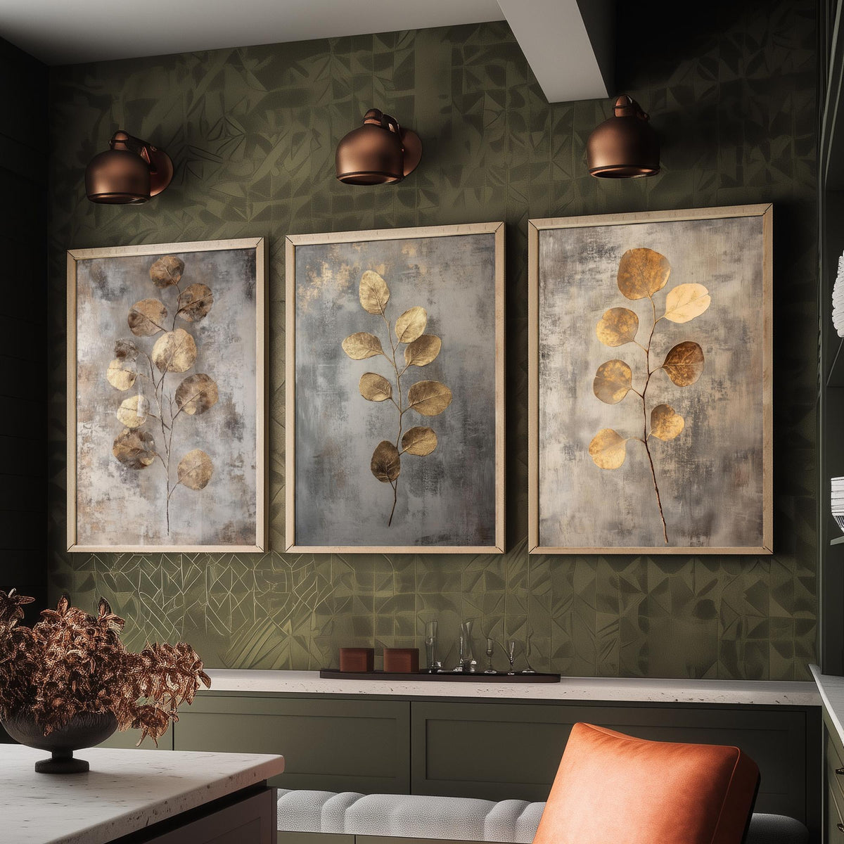 Eucalyptus Set of Three Art Prints V6 - 3 Gold Foil Botanical Posters - Copper Grey Luxe Leaf Wall Art Gift Painting