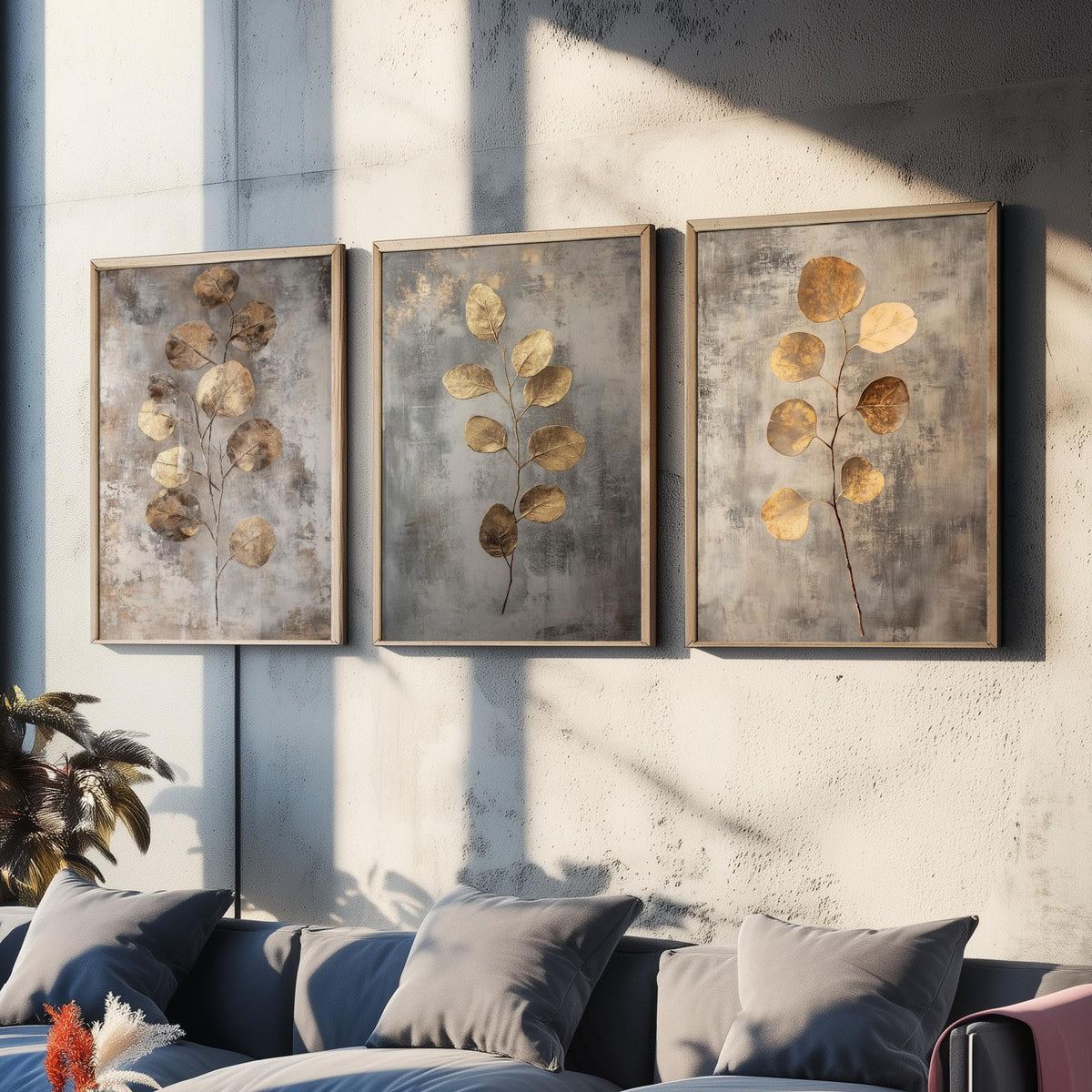 Eucalyptus Set of Three Art Prints V6 - 3 Gold Foil Botanical Posters - Copper Grey Luxe Leaf Wall Art Gift Painting