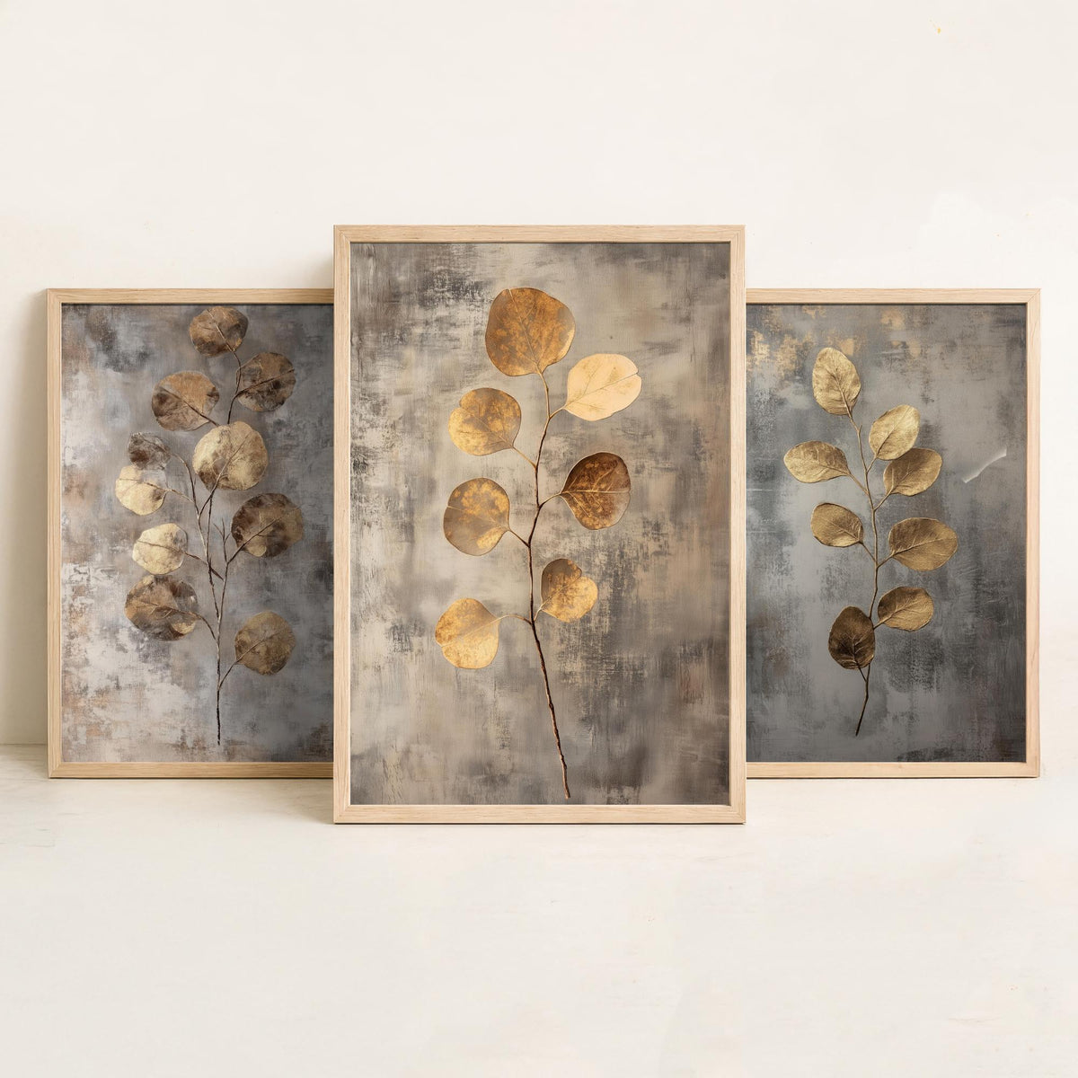 Eucalyptus Set of Three Art Prints V6 - 3 Gold Foil Botanical Posters - Copper Grey Luxe Leaf Wall Art Gift Painting