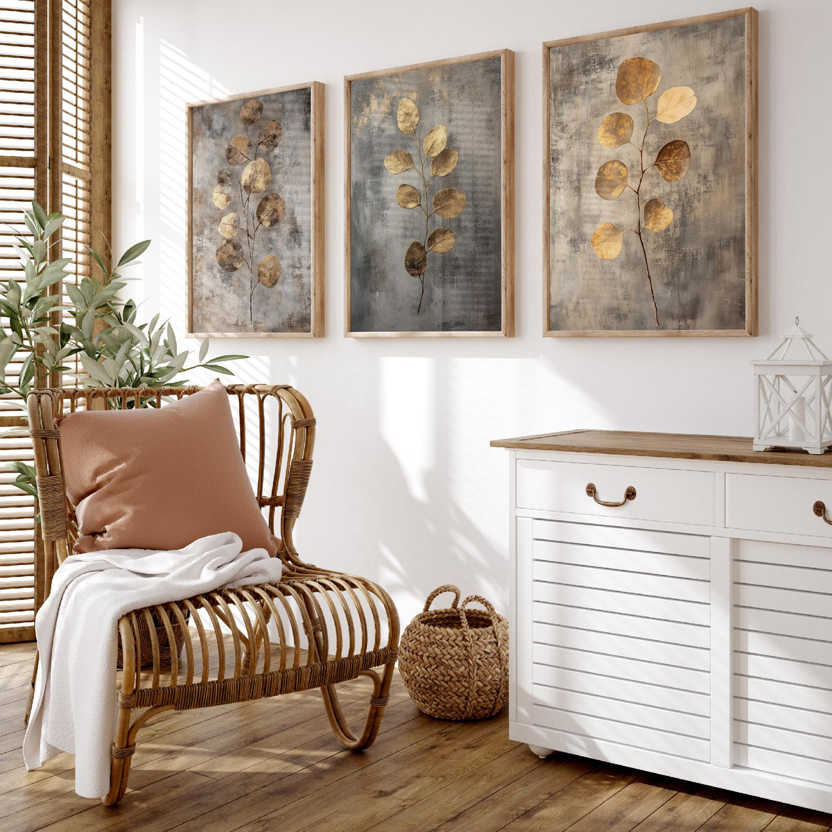 Eucalyptus Set of Three Art Prints V6 - 3 Gold Foil Botanical Posters - Copper Grey Luxe Leaf Wall Art Gift Painting