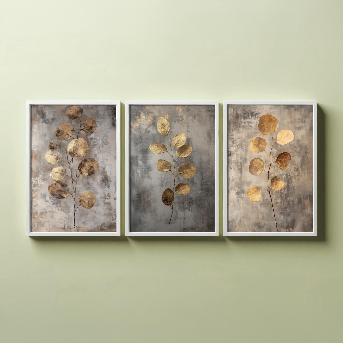 Eucalyptus Set of Three Art Prints V6 - 3 Gold Foil Botanical Posters - Copper Grey Luxe Leaf Wall Art Gift Painting