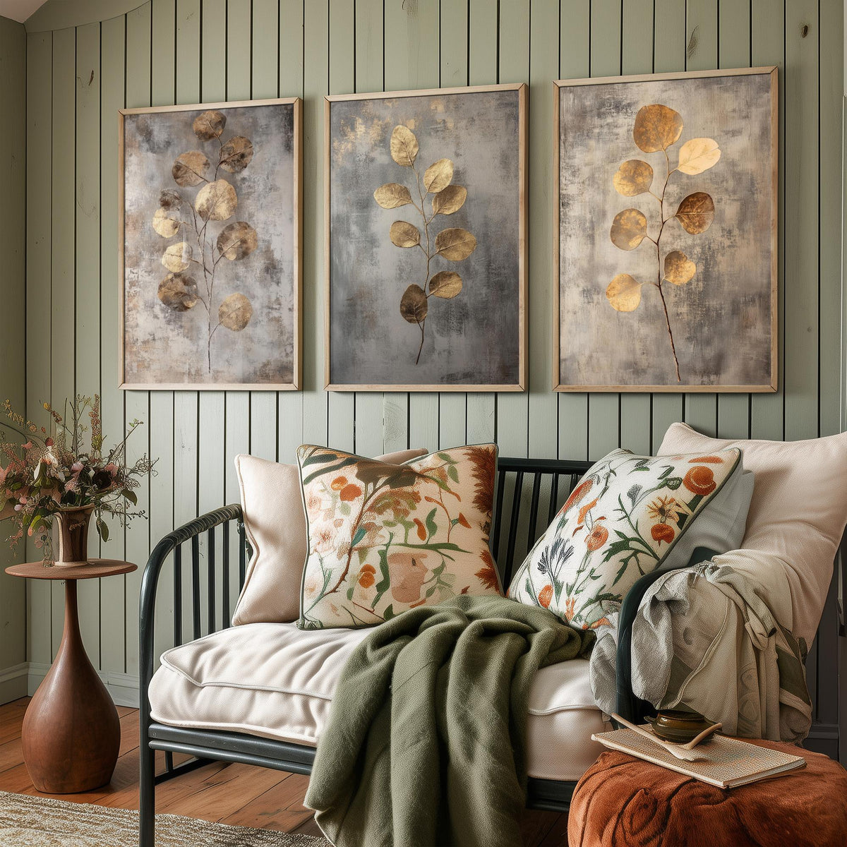 Eucalyptus Set of Three Art Prints V6 - 3 Gold Foil Botanical Posters - Copper Grey Luxe Leaf Wall Art Gift Painting