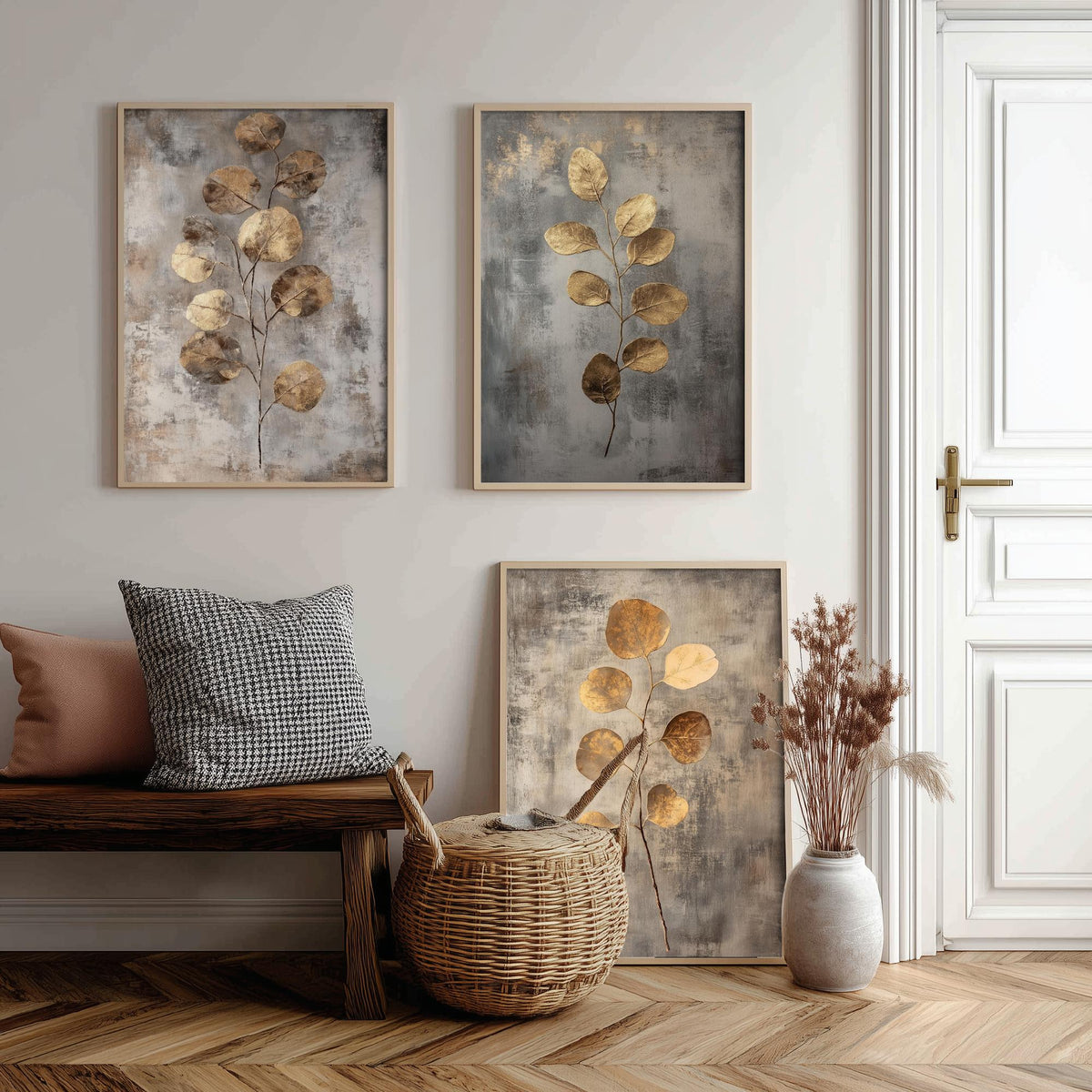 Eucalyptus Set of Three Art Prints V6 - 3 Gold Foil Botanical Posters - Copper Grey Luxe Leaf Wall Art Gift Painting