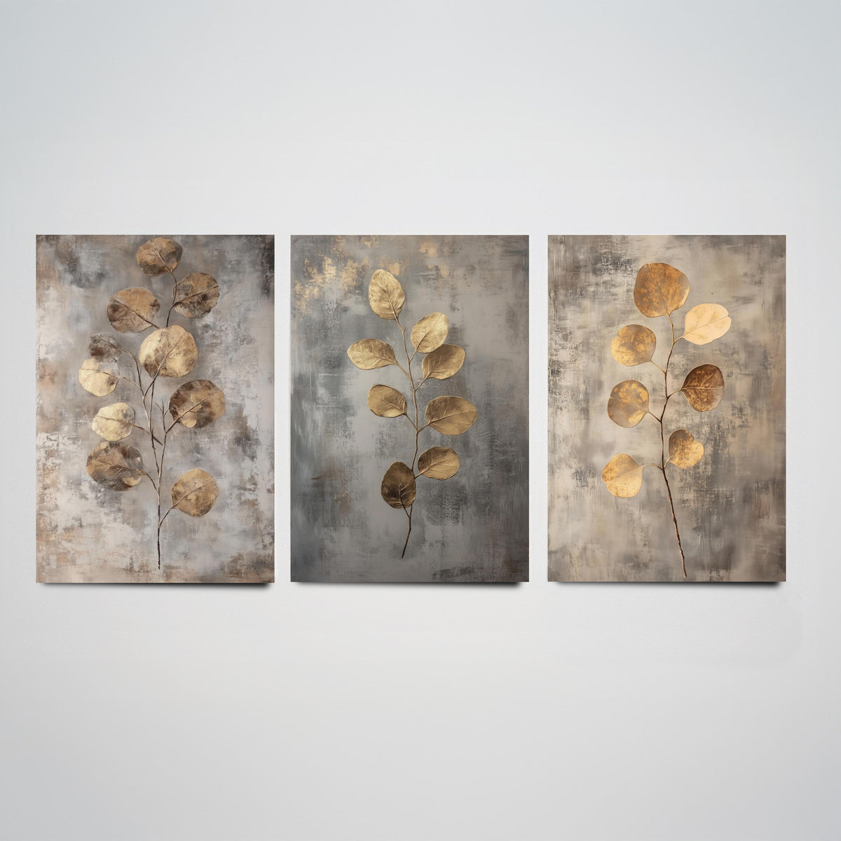 Eucalyptus Set of Three Art Prints V6 - 3 Gold Foil Botanical Posters - Copper Grey Luxe Leaf Wall Art Gift Painting