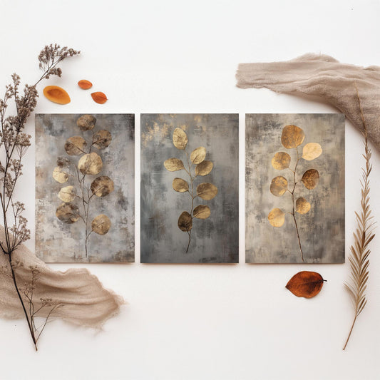 Eucalyptus Set of Three Art Prints V6 - 3 Gold Foil Botanical Posters - Copper Grey Luxe Leaf Wall Art Gift Painting