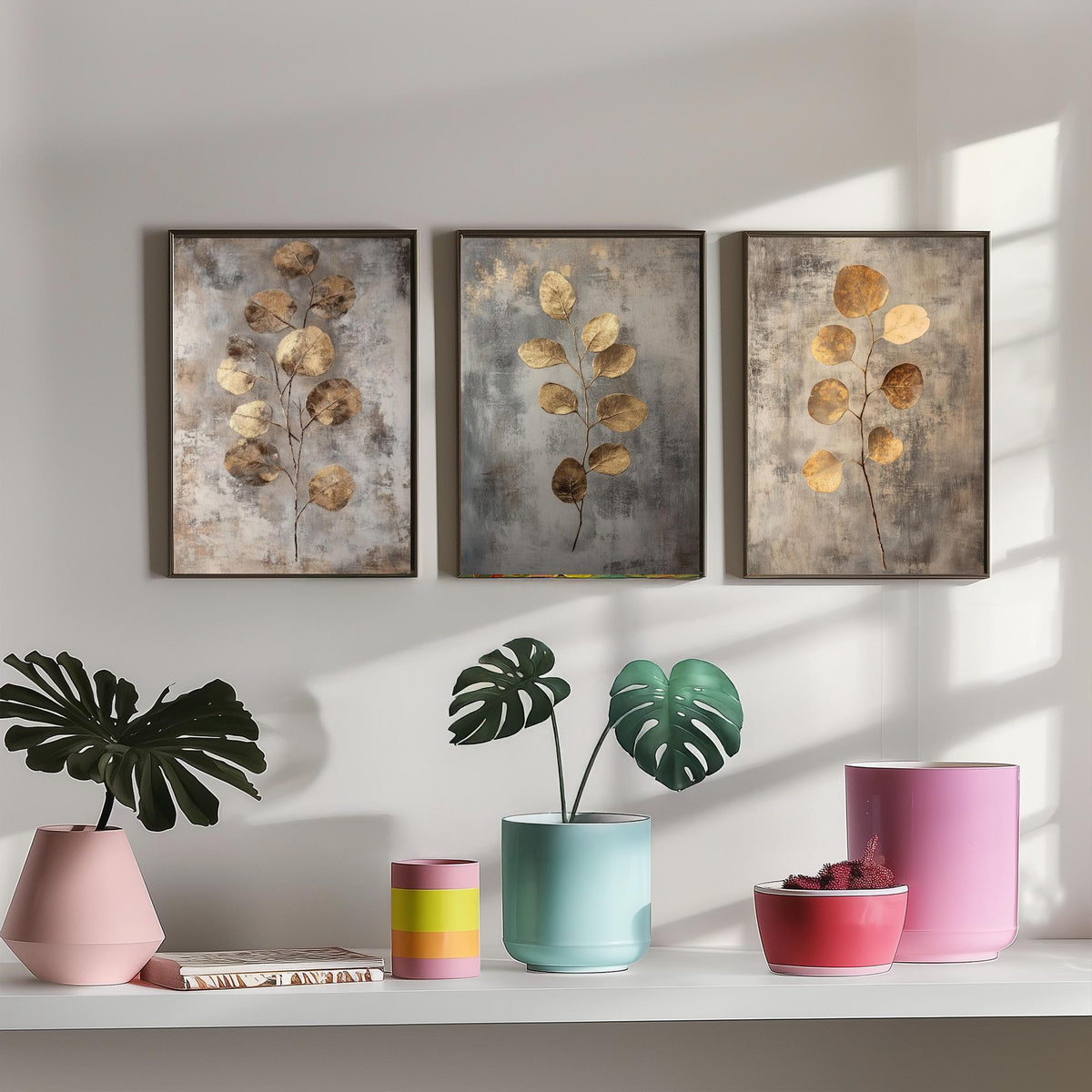 Eucalyptus Set of Three Art Prints V6 - 3 Gold Foil Botanical Posters - Copper Grey Luxe Leaf Wall Art Gift Painting