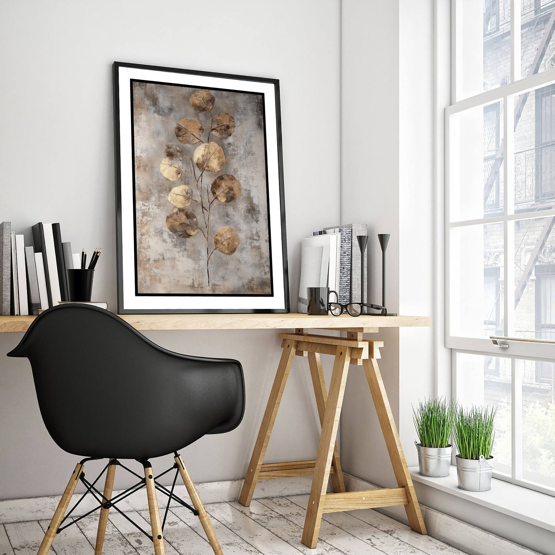 Gold Foil Eucalyptus Poster - Bronze Coin Leaf Art Print - Grey Painting - Modern Foliage V6 1/3