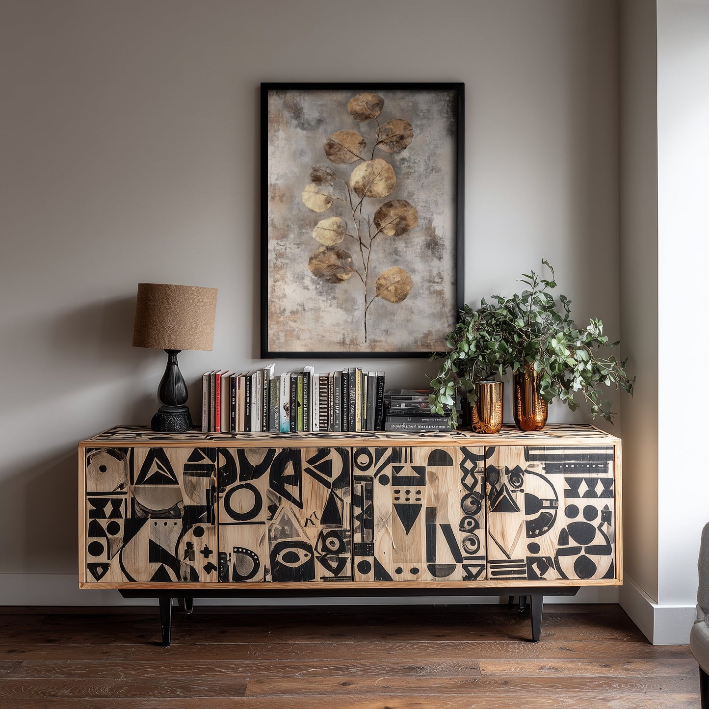 Gold Foil Eucalyptus Poster - Bronze Coin Leaf Art Print - Grey Painting - Modern Foliage V6 1/3
