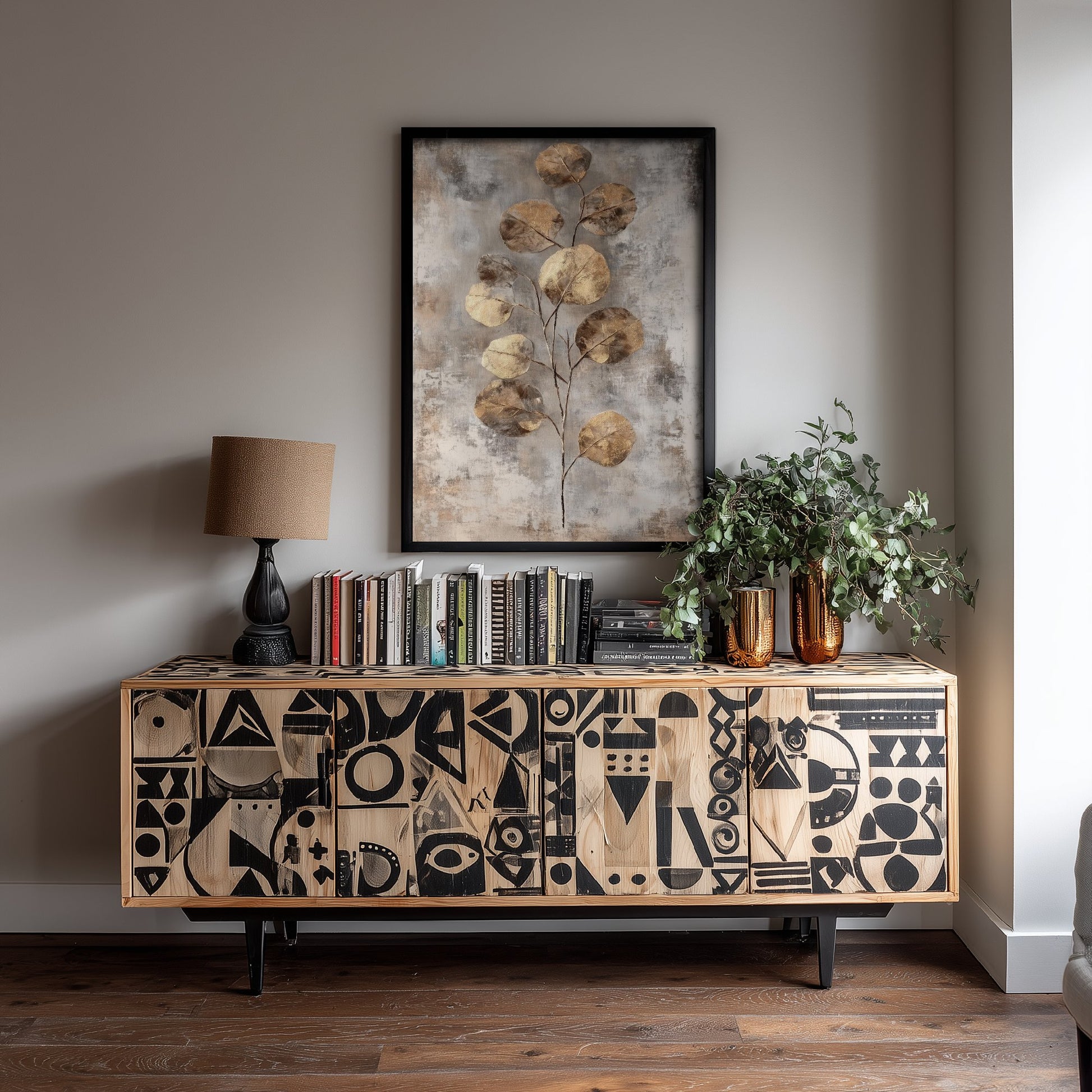 Gold Foil Eucalyptus Poster - Bronze Coin Leaf Art Print - Grey Painting - Modern Foliage V6 1/3