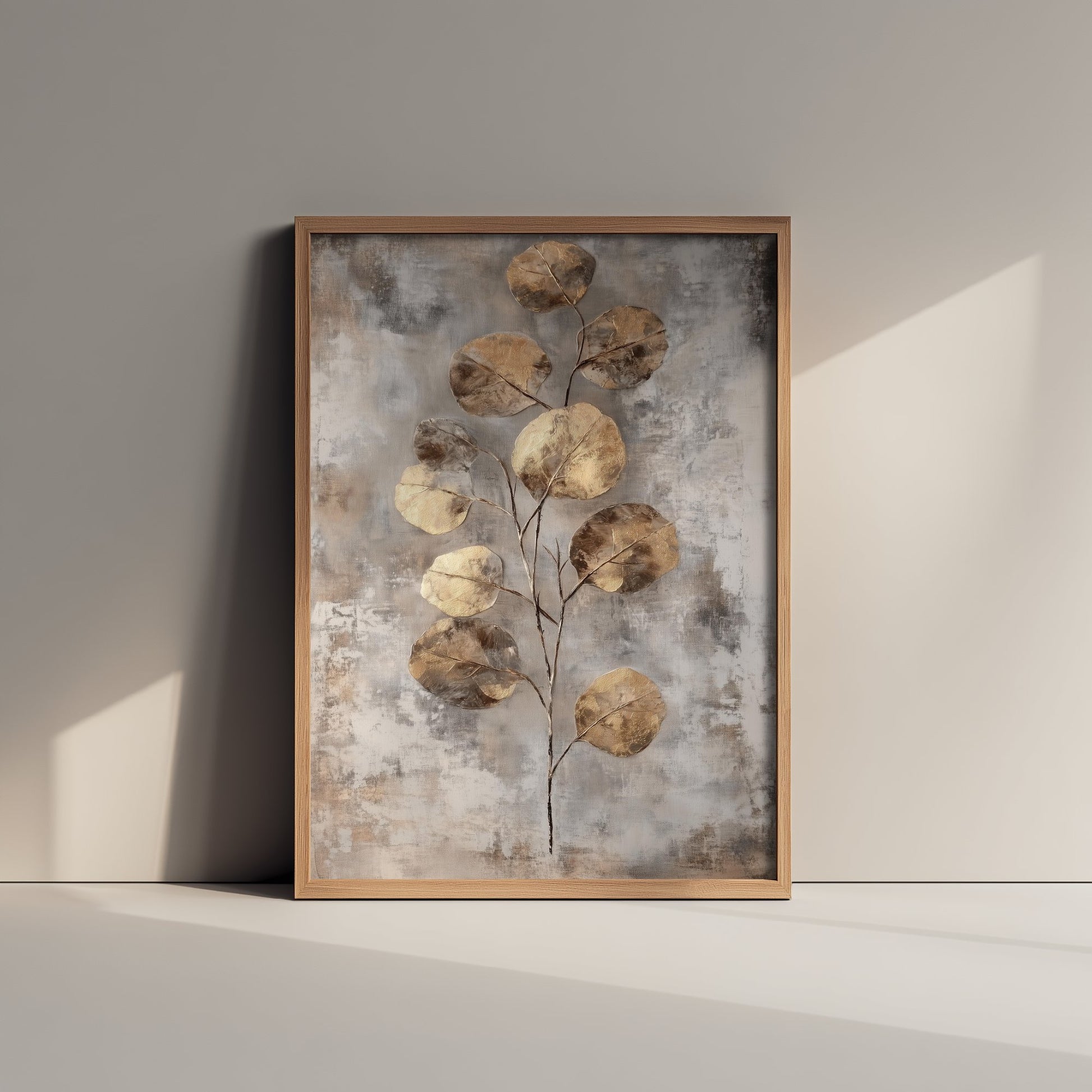 Gold Foil Eucalyptus Poster - Bronze Coin Leaf Art Print - Grey Painting - Modern Foliage V6 1/3