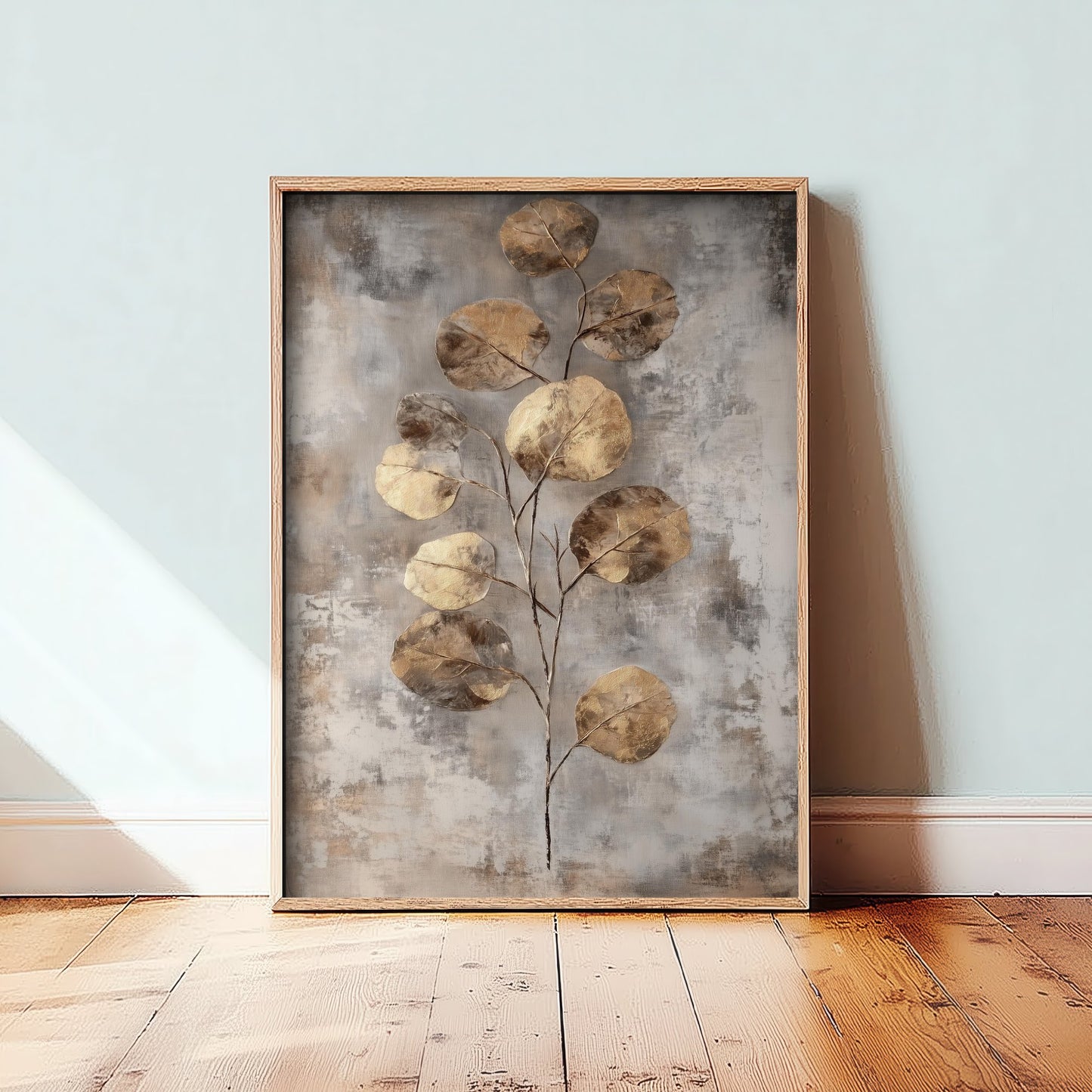 Gold Foil Eucalyptus Poster - Bronze Coin Leaf Art Print - Grey Painting - Modern Foliage V6 1/3