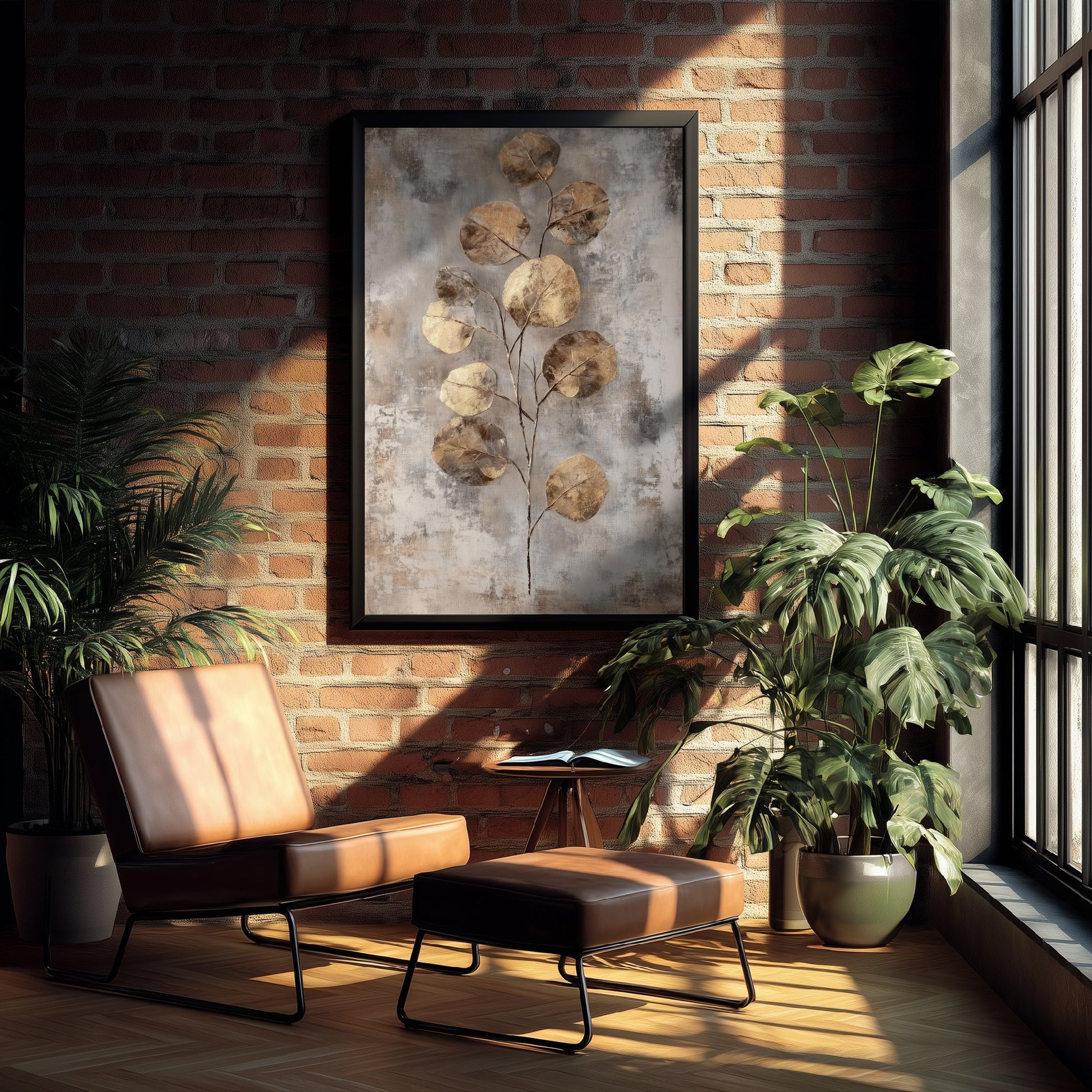 Gold Foil Eucalyptus Poster - Bronze Coin Leaf Art Print - Grey Painting - Modern Foliage V6 1/3