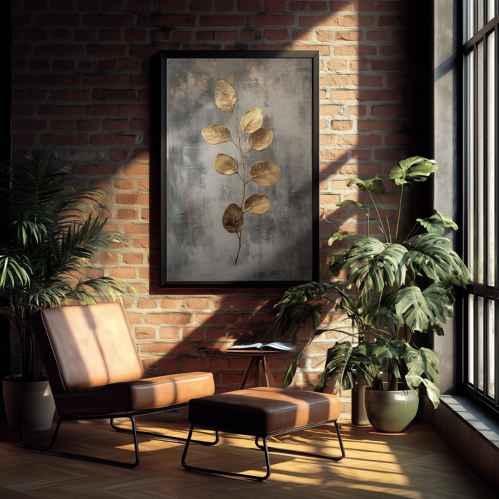 Gold Foil Eucalyptus Art Print - Golden Stem Botanical Poster - Dark Grey Painting - Modern Foliage V6 2/3