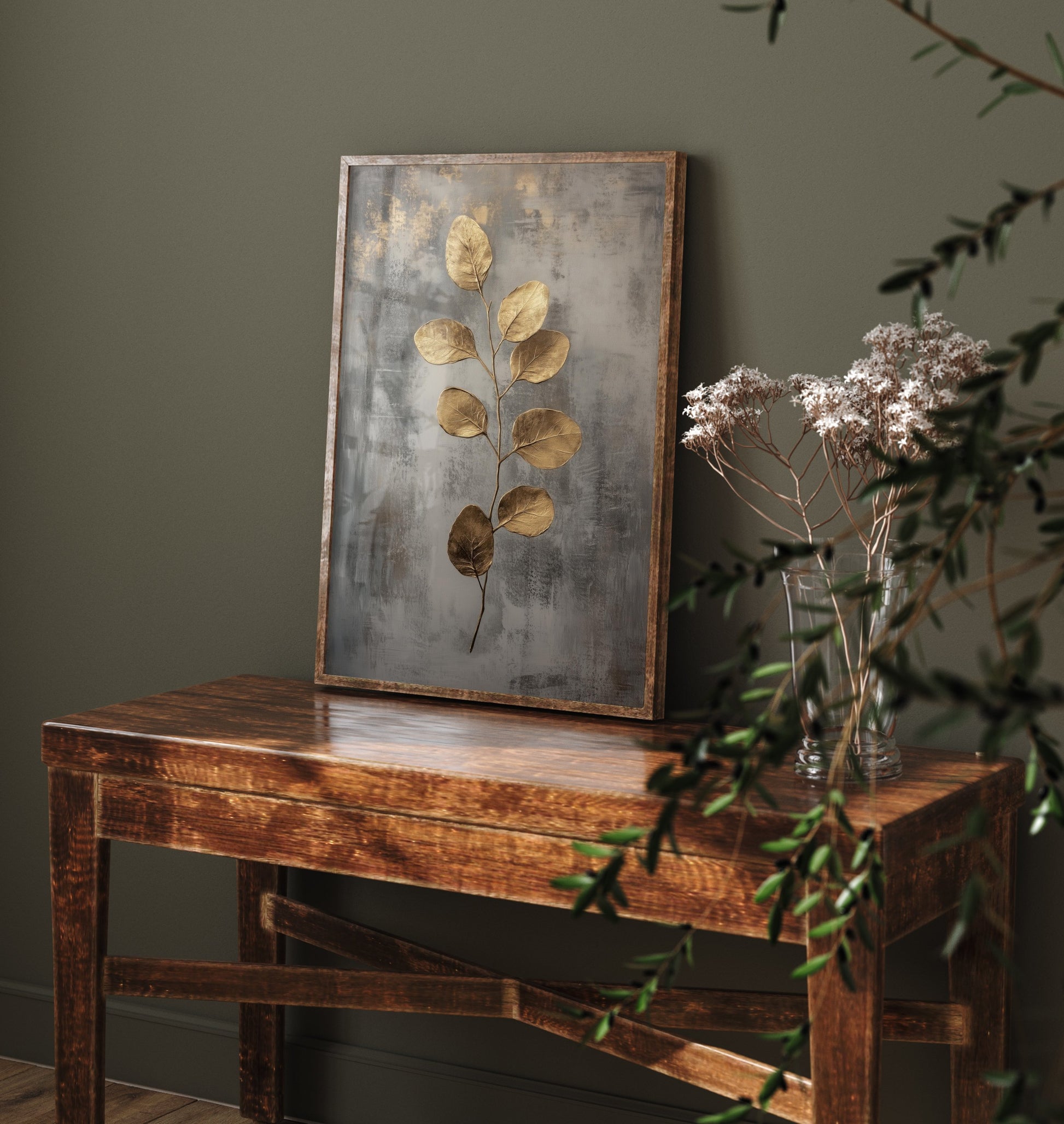 Gold Foil Eucalyptus Art Print - Golden Stem Botanical Poster - Dark Grey Painting - Modern Foliage V6 2/3